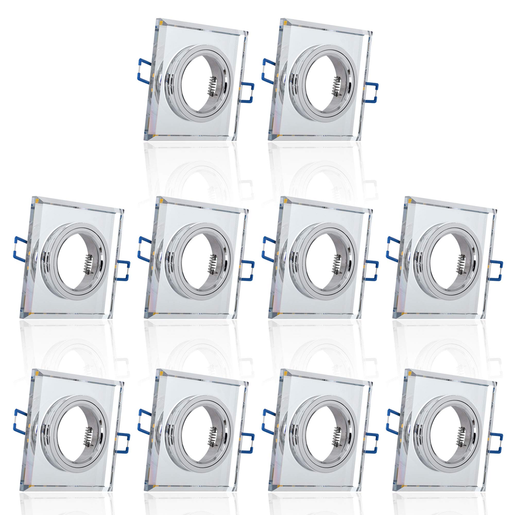 Maxkomfort 10x Glas Einbaustrahler mit LED Ring + GU10 Fassung ECKIG Einbauspot Einbauleuchte Rahmen Rostfrei Deckenspot Strahler Spot 4112