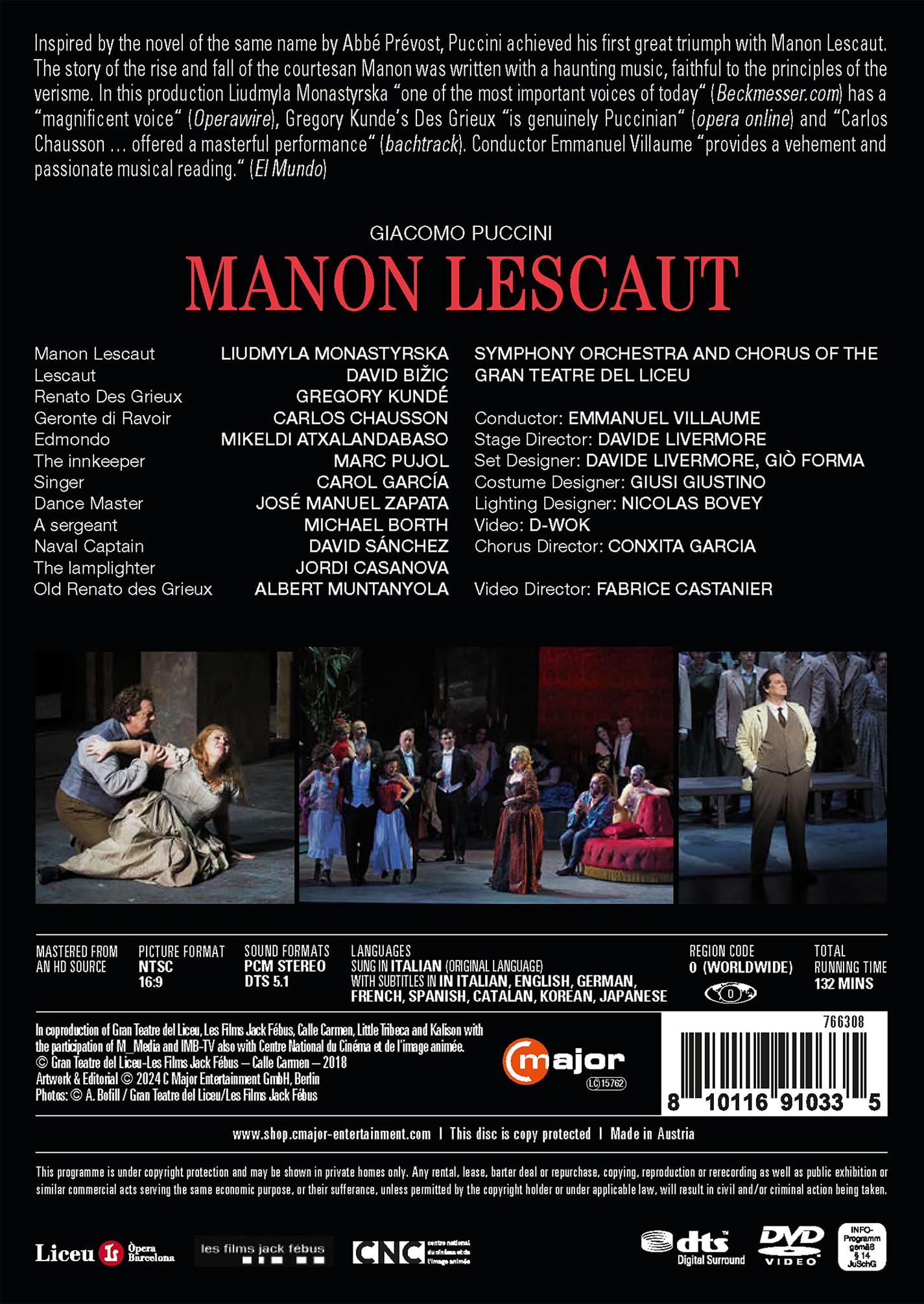 Image secondaire de Puccini : Manon Lescaut. Monastryrska, Bizic, Kunde, Chausson, Atxalandabaso, Villaume, Livermore