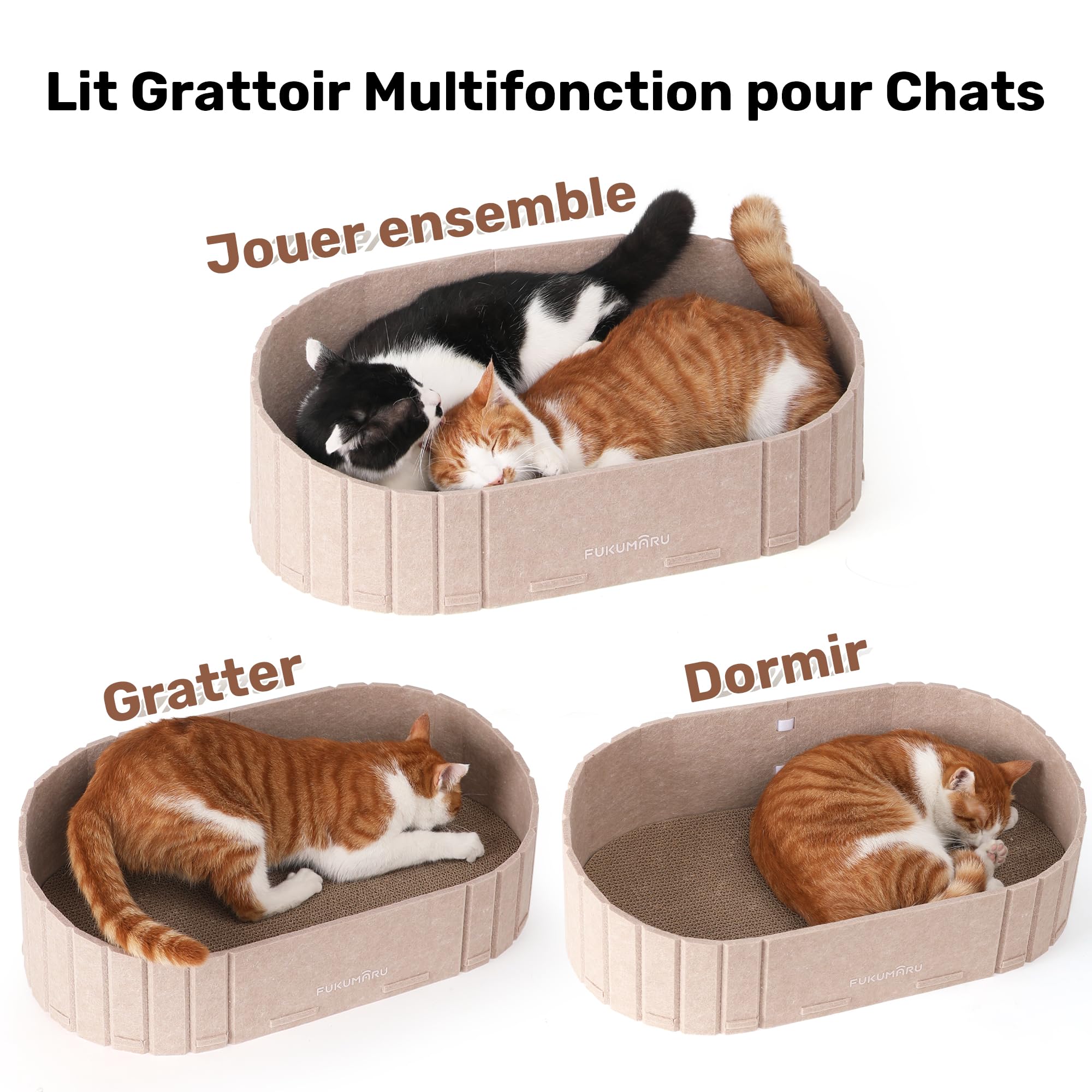 FUKUMARU Griffoir pour Chat, 61 cm de Long en Forme de Canapé, Grattoir Détachable Réversible, Pads de Griffoir Ronds Remplaçables, Lit d'Intérieur, Camel