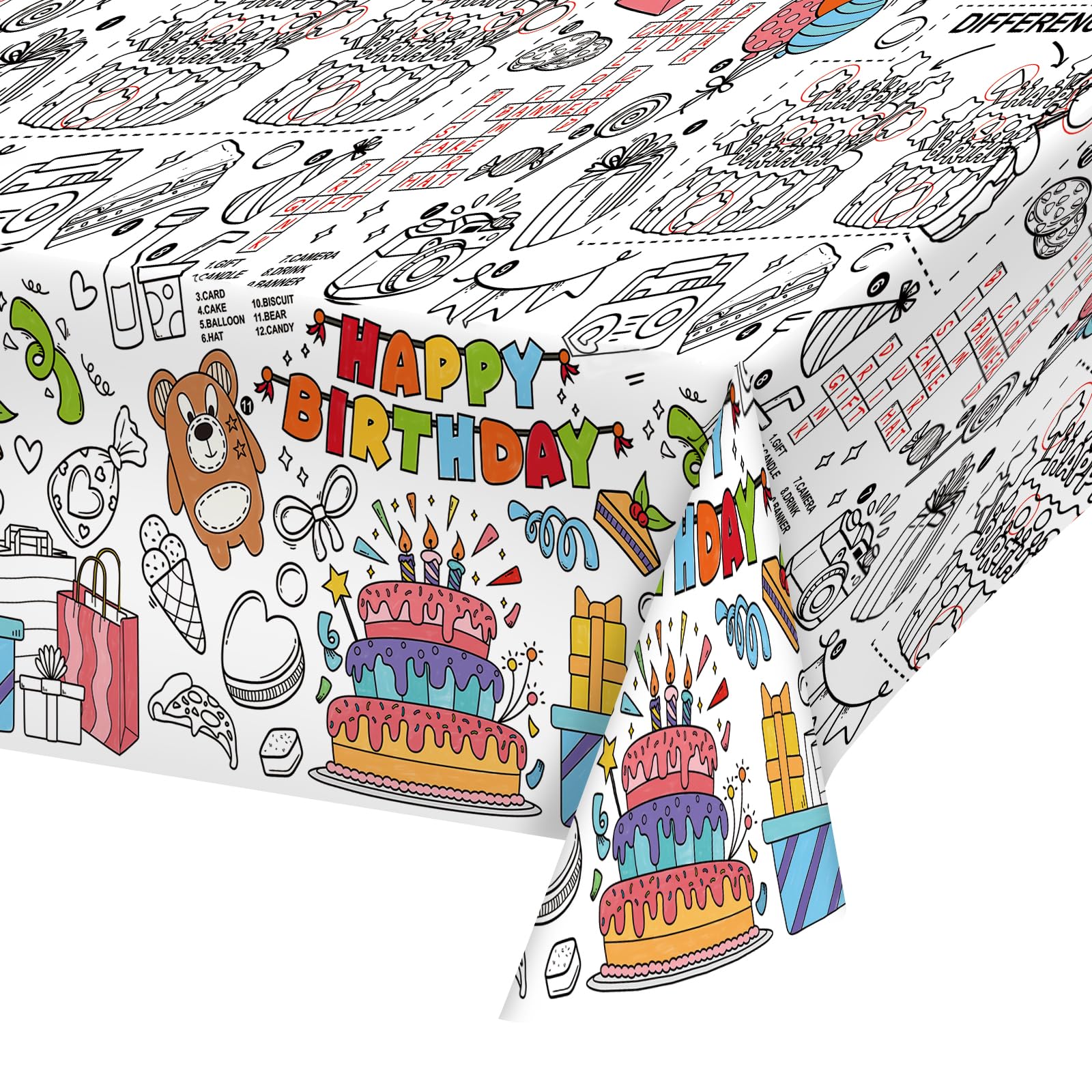 Gatherfun Happy Birthday Party Supplies Color-in Disposable Paper Tablecloth | 54x88 in Happy Birthday Party Decorations Set for Kids Birthday, School & Special Events