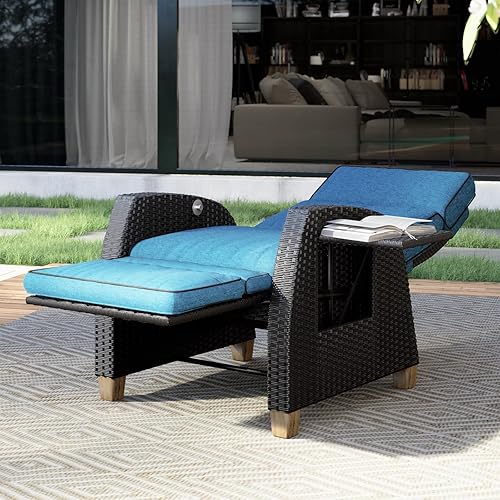 Miniatura 4 de Grand Patio Silla Reclinable para Exteriores Patio Reclinable 150 Completamente Plana con Mesa Abatible Silla Lounge de Mimbre Reclinable Azul Pavo