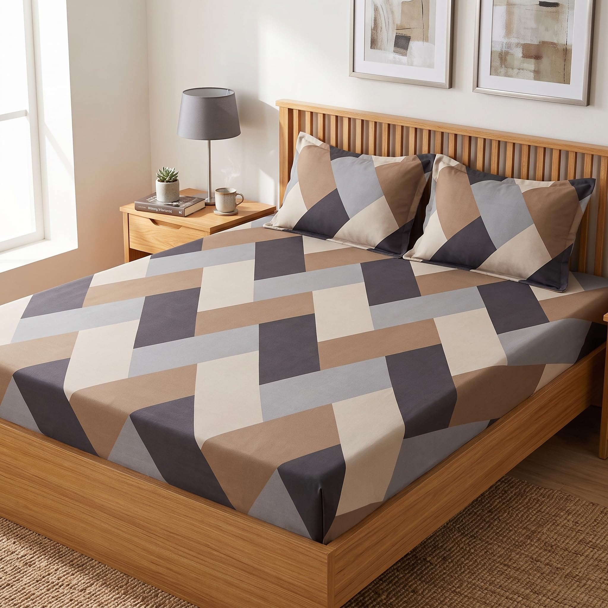 LOOMLYFE 300 TC Cotton Feel Glace Cotton Elastic Fitted Printed Queen Size Double Bed Bedsheet with 2 Pillow Covers Fits Upto 8 inches,Size- 60x78x10 Inches, BrownGreyCross