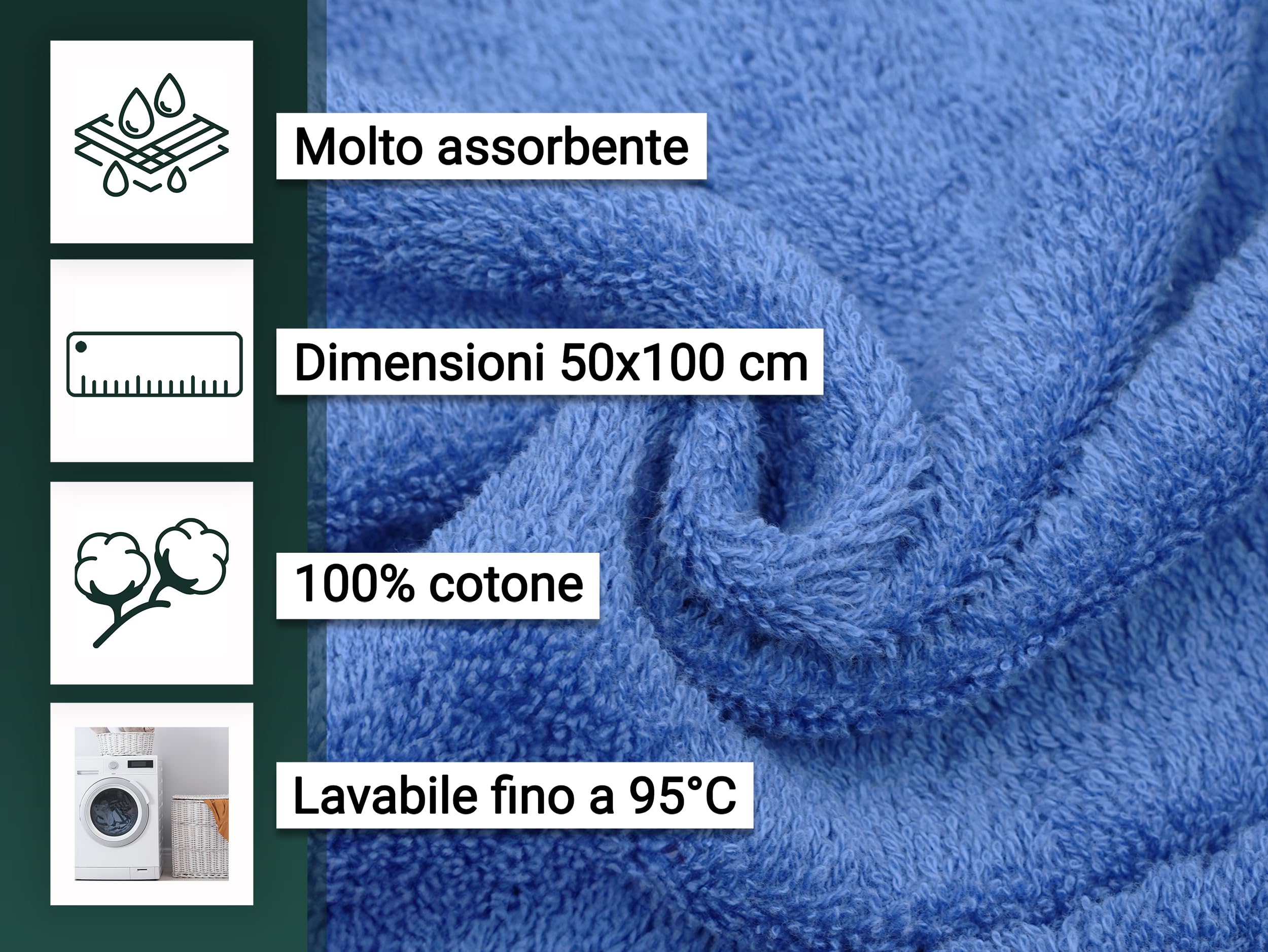 ZOLLNER Set da 10 asciugamani 50x10 cm – morbidi e assorbente - blu | con pratico gancetto – lavabile a 95°C – Cotone – Qualitá alberghiera