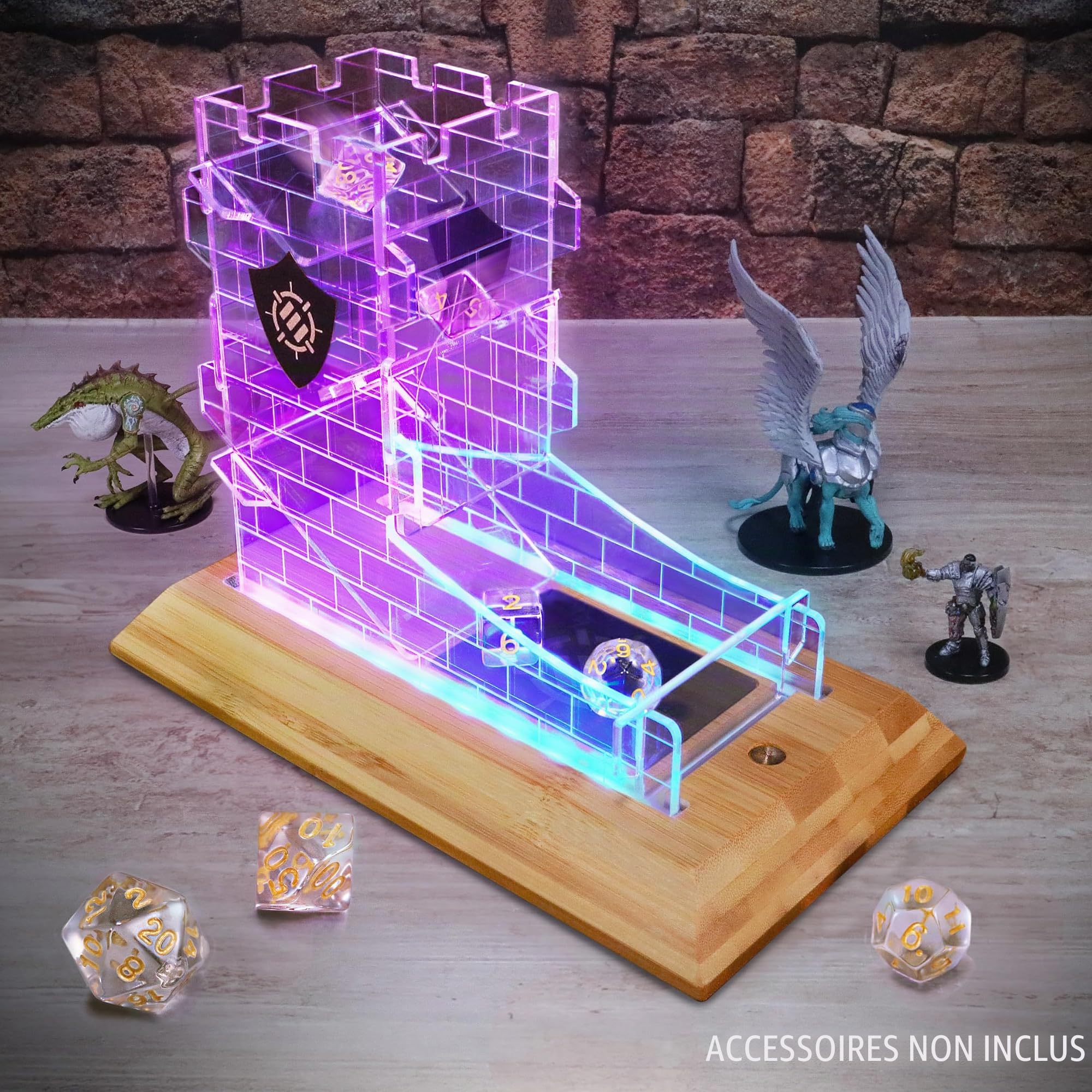 ENHANCE Tour de dés LED avec 7 dés RPG – Ensemble de dés Transparents, Tour LED avec Base en Bambou et Design Château, Roule Jusqu'à 14 dés Standard à la Fois – Idéal pour Soirées de Jeu