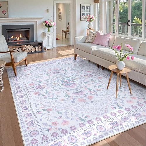 Miniatura 32 de Wonnitar Alfombras rosas para dormitorio, niñas, guardería, alfombra lavable con estampado floral de 5 x 7 pies, bohemio, ultrafina, antideslizante,