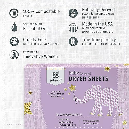 Miniatura 3 de Grab Green Sábanas para secadora de ropa para bebé, 160 hojas, aroma de palisandro de ensueño, a base de plantas y minerales, compostables, suaviza