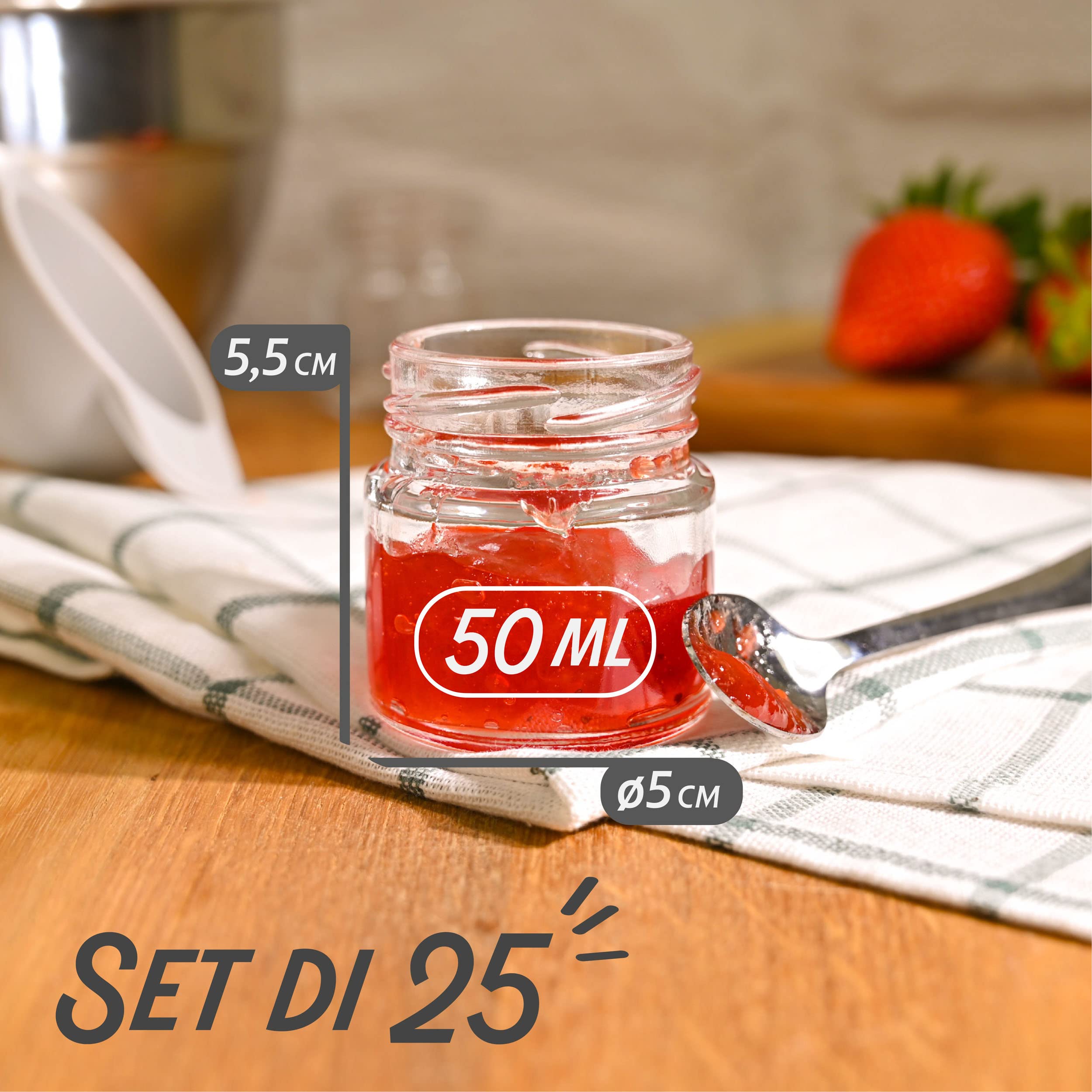 Praknu 24 Vasetti di Vetro Piccoli da 50 ml - Con Etichette e Pennarello - Ermetici - Lavabili in Lavastoviglie - Ideali da Regalare