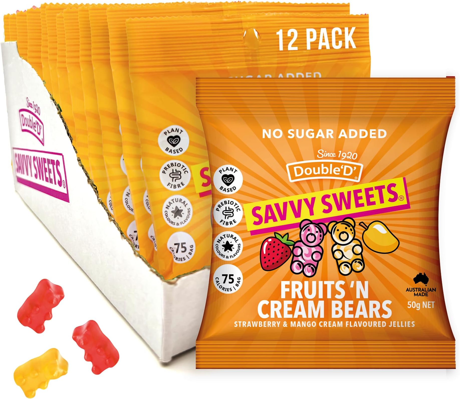 SAVVY Sweets Fruits & Cream Bears— Low Sugar, High Fibre, All Natural, Prebiotic | Vegan, Gluten-Free | 75 Calories | 12-Pack