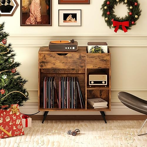 Miniatura 4 de Giantex Soporte grande para tocadiscos con estación de carga, soporte giratorio de mediados de siglo con capacidad para hasta 300 álbumes, mesa de