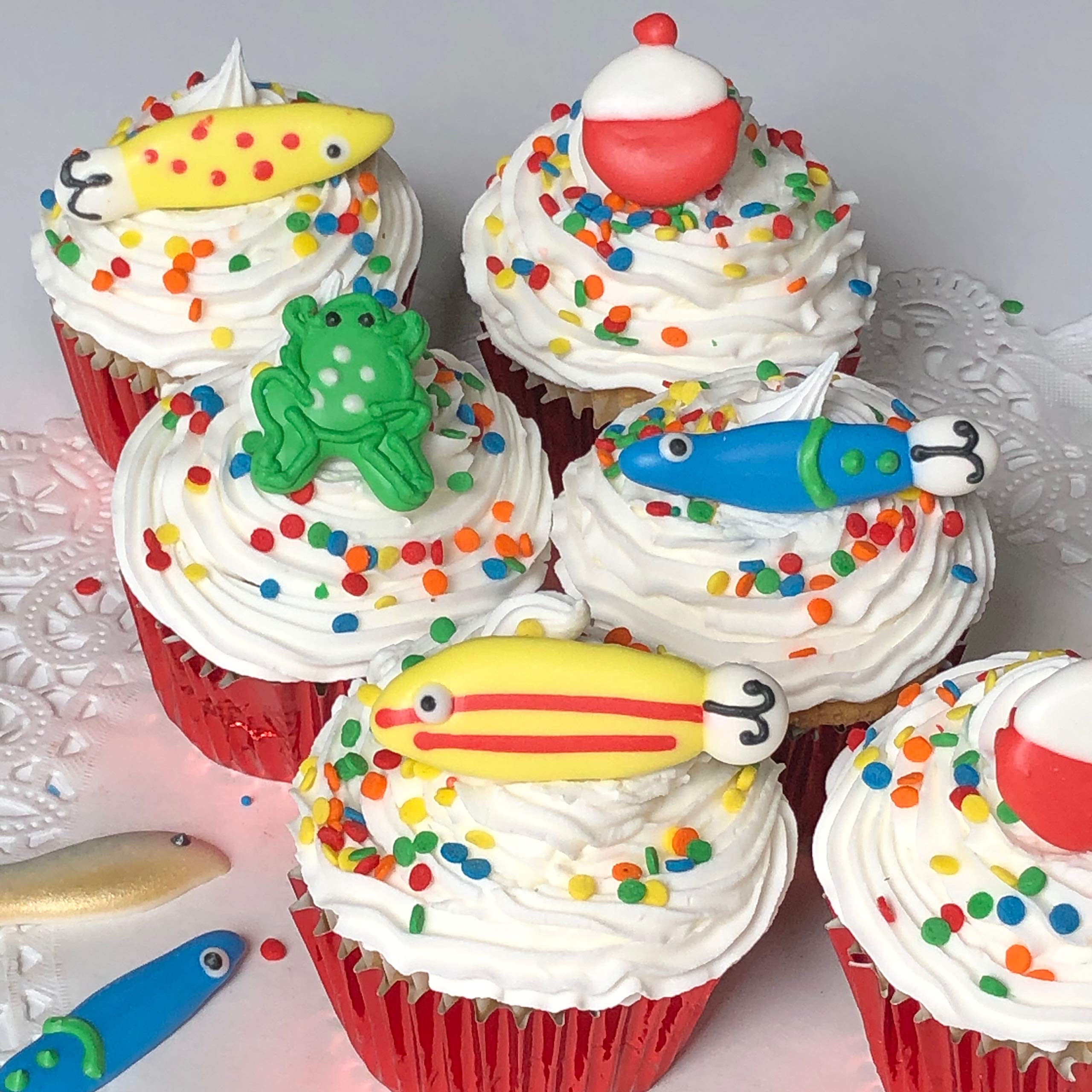 Fishing Lures Accessory Pack- 12 pcs Edible Royal Icing Cake Cupcake Topper (Choose Style Below) : Grocery & Gourmet Food