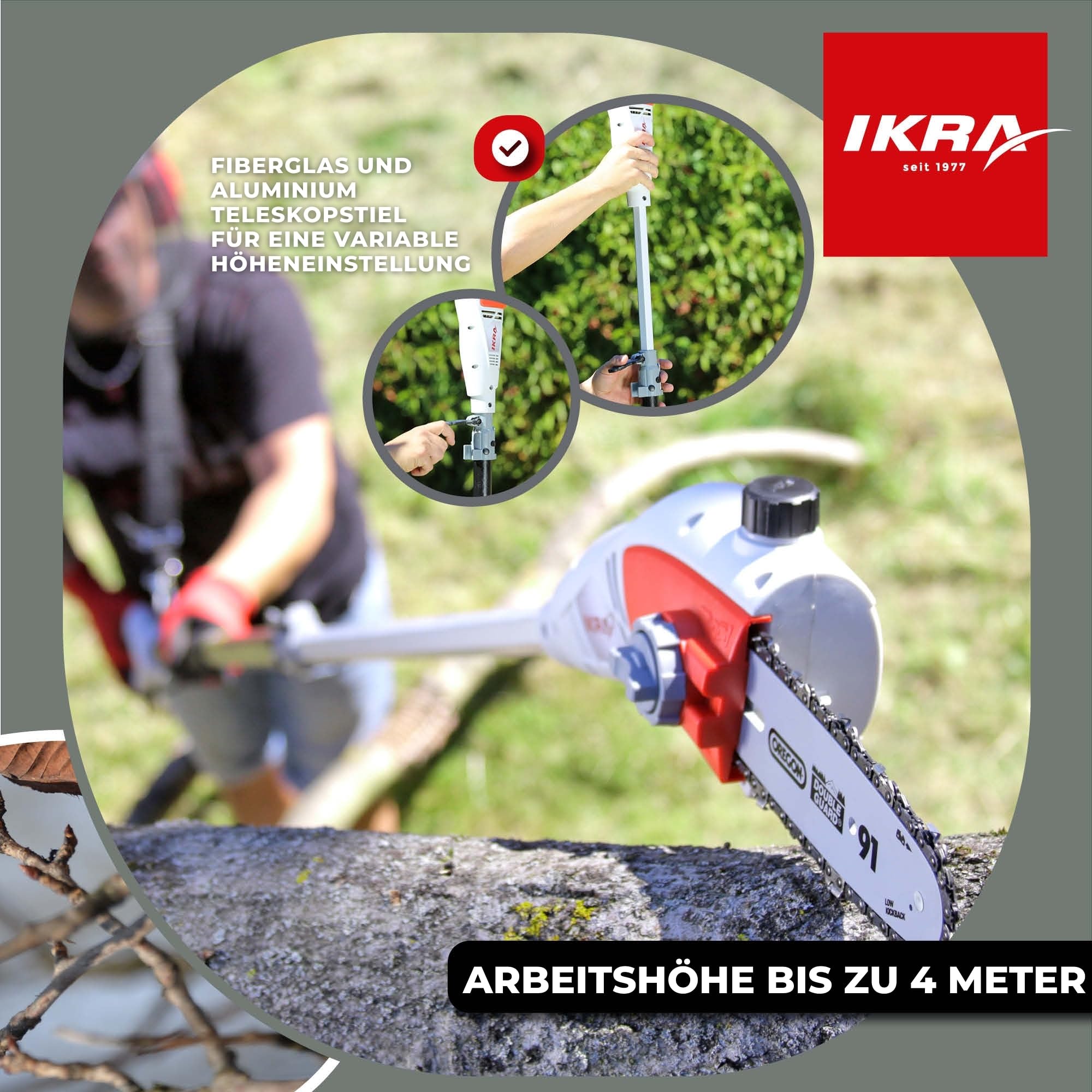 IKRA Elektro Teleskop Astsäge Hochentaster IEAS 750, inkl. Schultergurt | Schnittlänge 185mm, teleskopierbar, Arbeitshöhe bis 4m, OREGON Antivibrationskette, werkzeuglose Kettenspannung & -montage