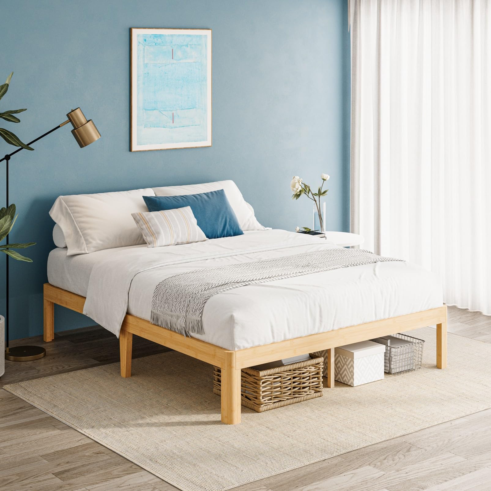 LAKKURI 14 Inch High Bamboo Wood Queen Bed Frame Platform, Steel Slat Support