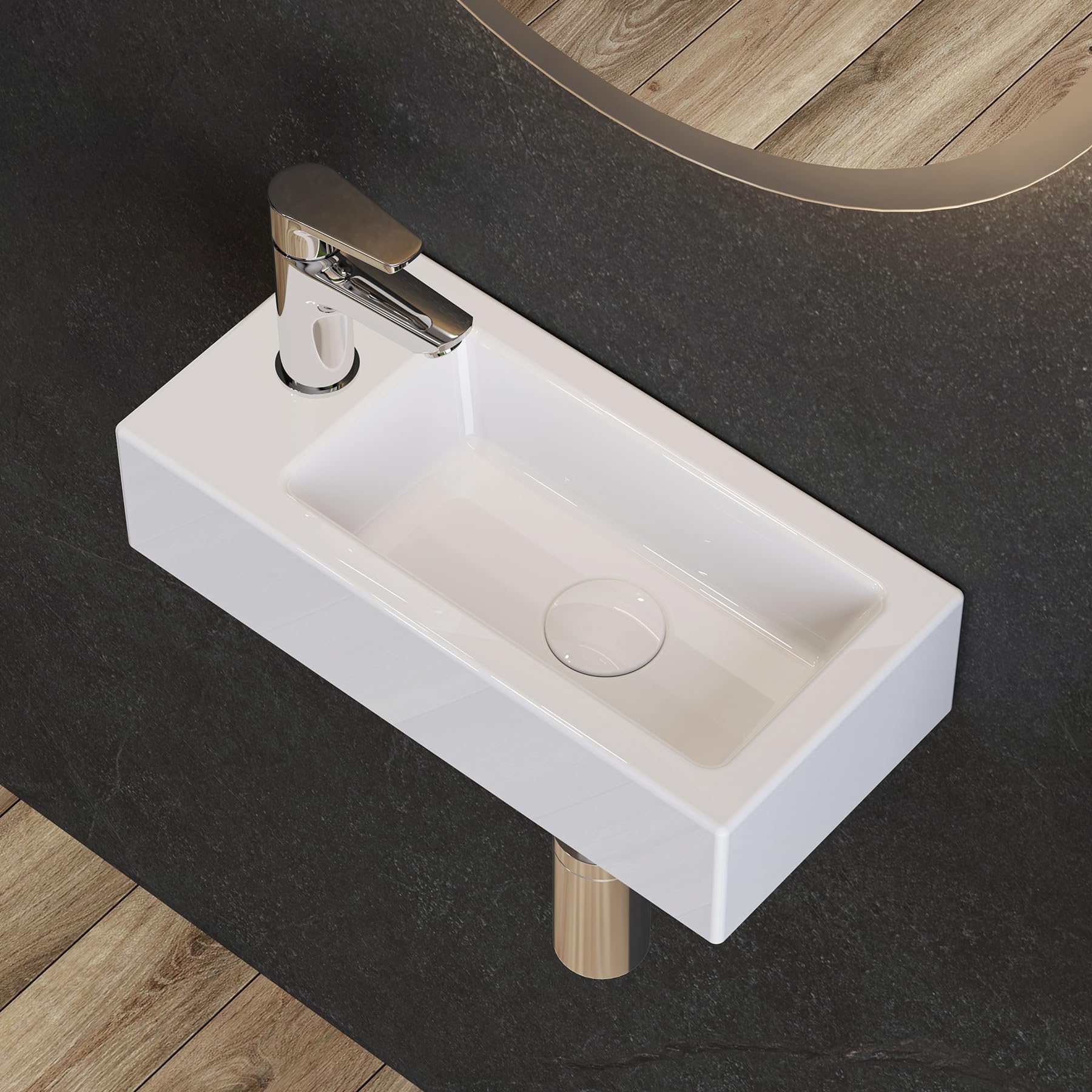 HOROW lavatoio ceramica bianca rettangolare, compatto lavandino piccolo bagno, lavabo bagno sospeso, con 1 foro per rubinetto a sinistra, 370x180x90 MM