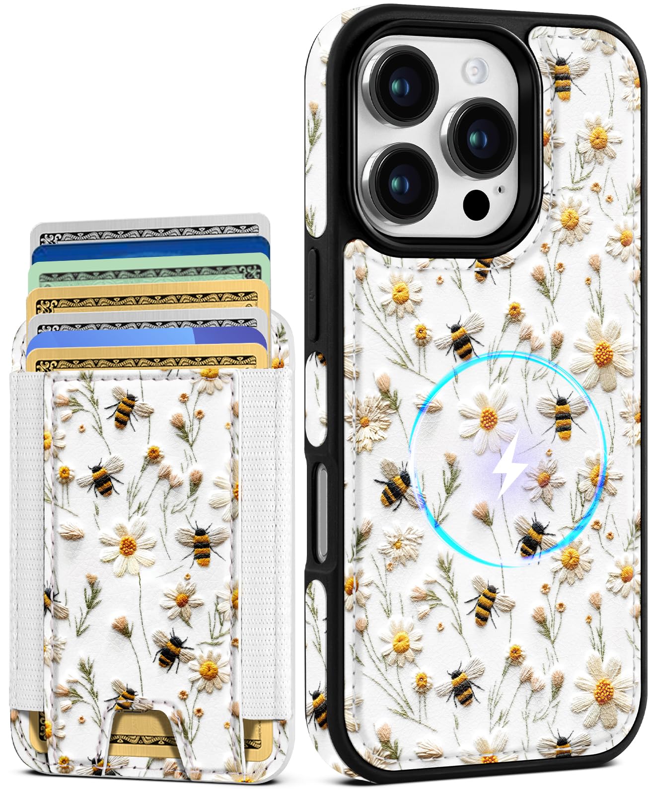 Shorogyt for iPhone 16ProMax Case Wallet - Fits 5 Cards, Compatible with Magsafe Detachable Magnetic Credit Card Holder Leather Cardholder Cute Phone Cover Women Girls for Apple 16ProMax, Bee Flower