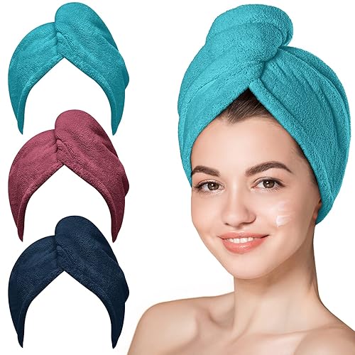 Hicober Microfiber Hair Towel, Hair Towel Wrap Turbans for Women,Hair Drying Towel Wrap Hair Accessories for Women Girls-Plum,Navy,Aqua Green,3Packs - Plum,navy,aqua Green - Large