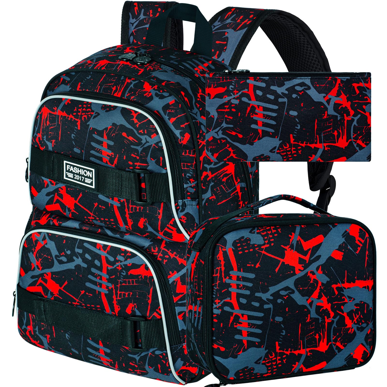 FTJCF 3Pcs Backpack for Boys Men, 17 Inches College Laptop Backpacks with Lunch Bag, Water Resistant Graffiti School Bookbag Set for Teens Students(