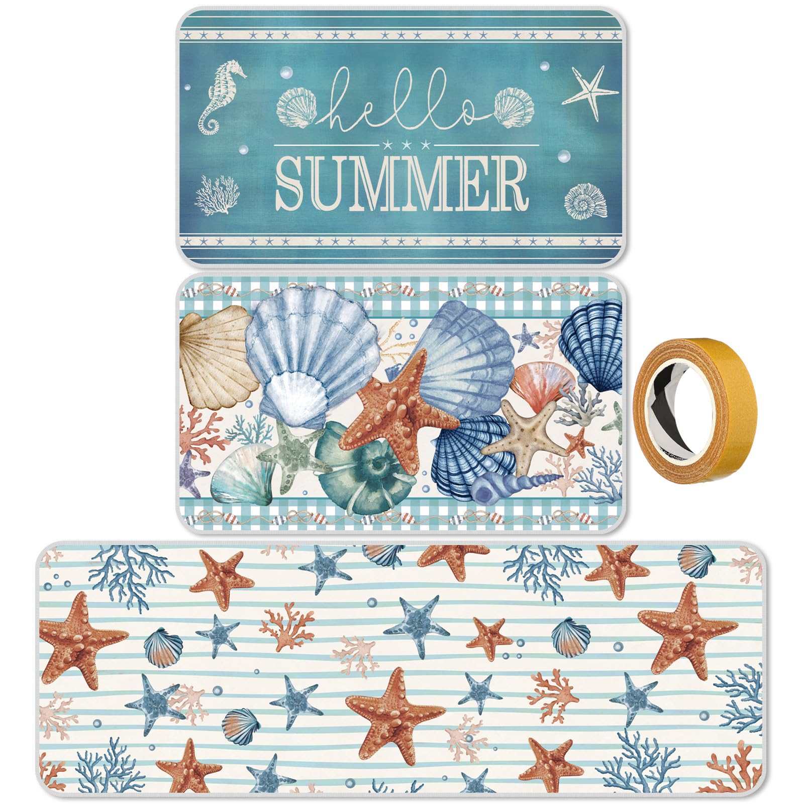 Maasechs 3 Pcs Coastal Kitchen Rugs and Mats Sets Blue Nautical Beach Floor Mat Summer Ocean Starfish Shells Kitchen Decor Farmhouse Non Slip Washable