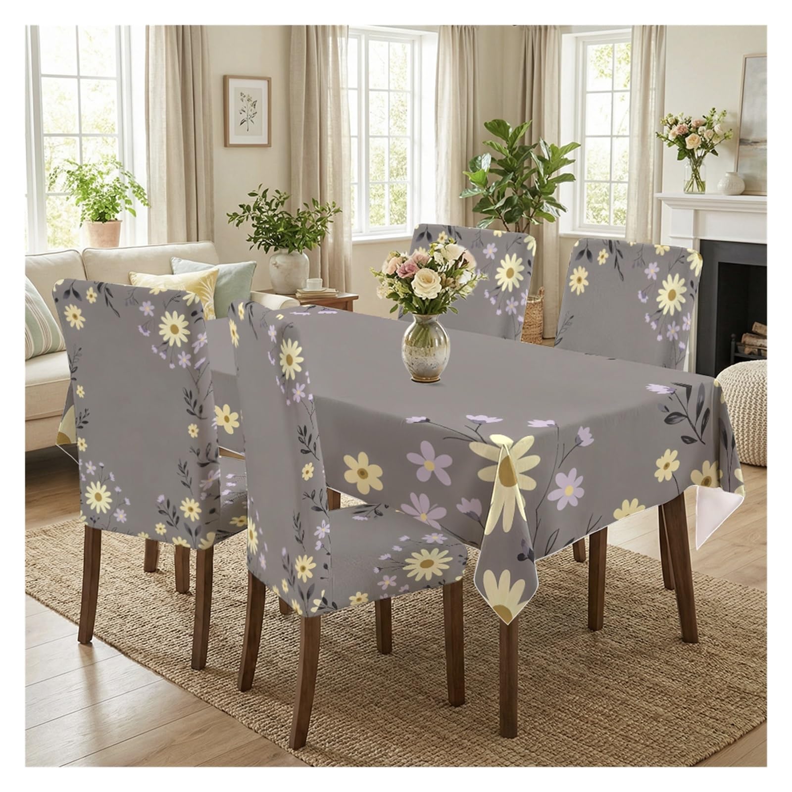 KXUAUV Grey Base Yellow Daisy Floral Print Dining Tablecloth & Chair Covers Set, 5/7 Piece Simple Minimalist Cottage Dining Decor Party Decor(5pcs Set: Tablecloth+Chair Covers)