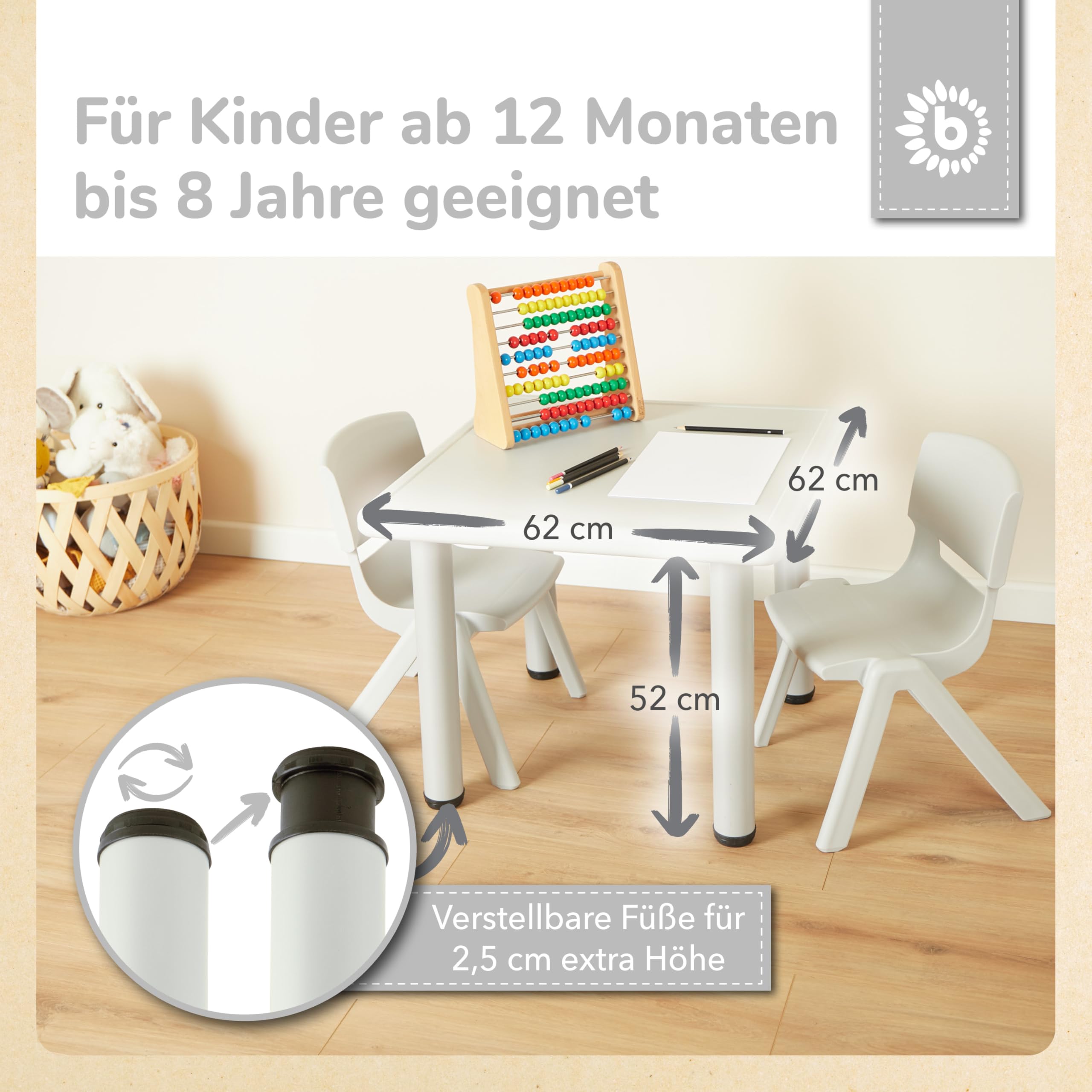 Bieco Kindertisch | Tisch für Kinder 1-8 Jahre | Kinder Tisch ca. 62x 62x 52 cm | Spieltisch höhenverstellbar | Maltisch, Kinderzimmer klein Schreibtisch | Eisgrau