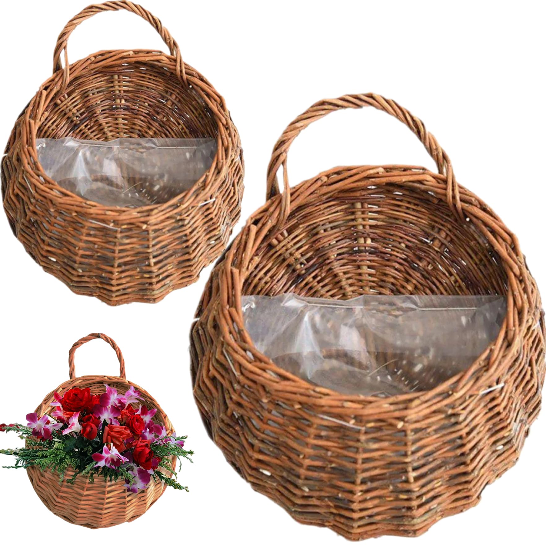 Takingup 2Pcs Natural Rattan Vintage Hanging Planter Basket, Wall Mount Storage Plant Basket Flower Pot for Home Garden Indoor Brown and Rattan Planter