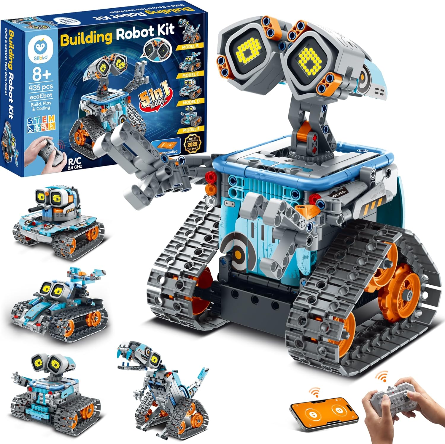 Sillbird Robot Building Kit with Remote Control Christmas STEM Gifts for Kids Age 8-12, Coding Robotics Technic Toy Set for Boys' Birthday, Buildable 5-in-1 Models with 435 Pieces Blue-gray