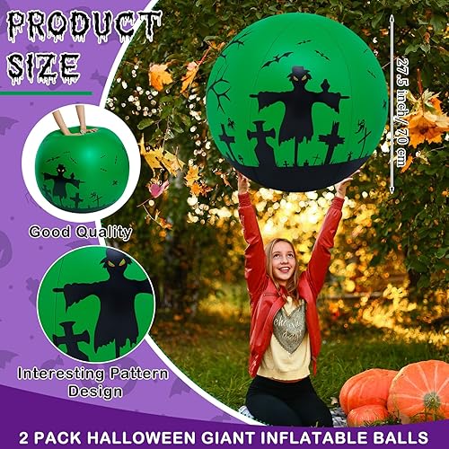 Miniatura 2 de 2 piezas de 27 pulgadas que brillan en la oscuridad enorme bola de Halloween con luz LED, bola inflable gigante de Halloween que brilla