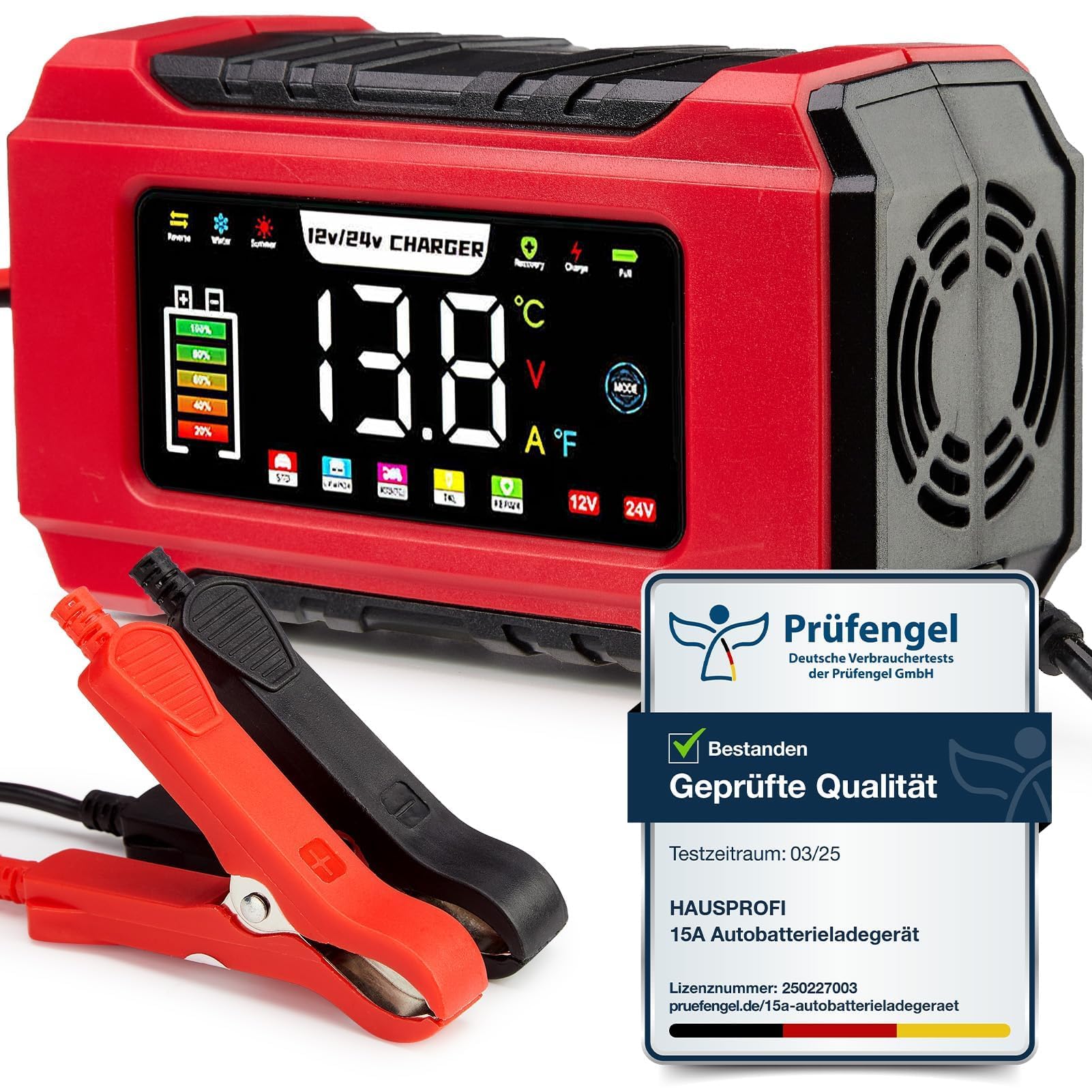 HAUSPROFI 15A Autobatterieladegerät 12V/24V mit Reparaturmodus & Erhaltungsladung, 9-Stufen-Ladung, LCD-Display für Auto, LKW, Motorrad, Boot - Kompatibel mit Blei-Säure, AGM, EFB, LiFePO4 Batterien