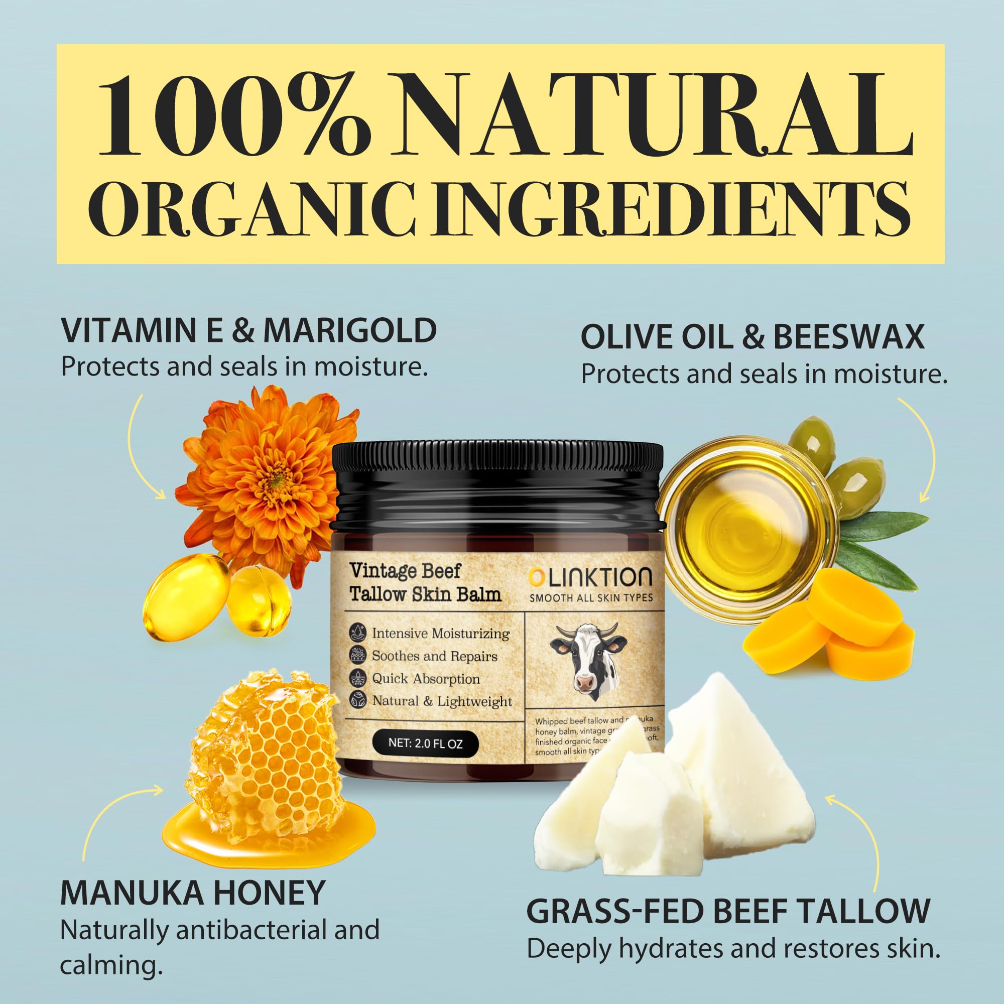 Beef Tallow Honey Balm for Skin:100% Grass-Fed Beef Tallow Moisturizer For Face and Body Vintage Tallow Balm With Olive Oil Manuka Honey For Sensitive Dry Skin Repair 2 oz - Image 3