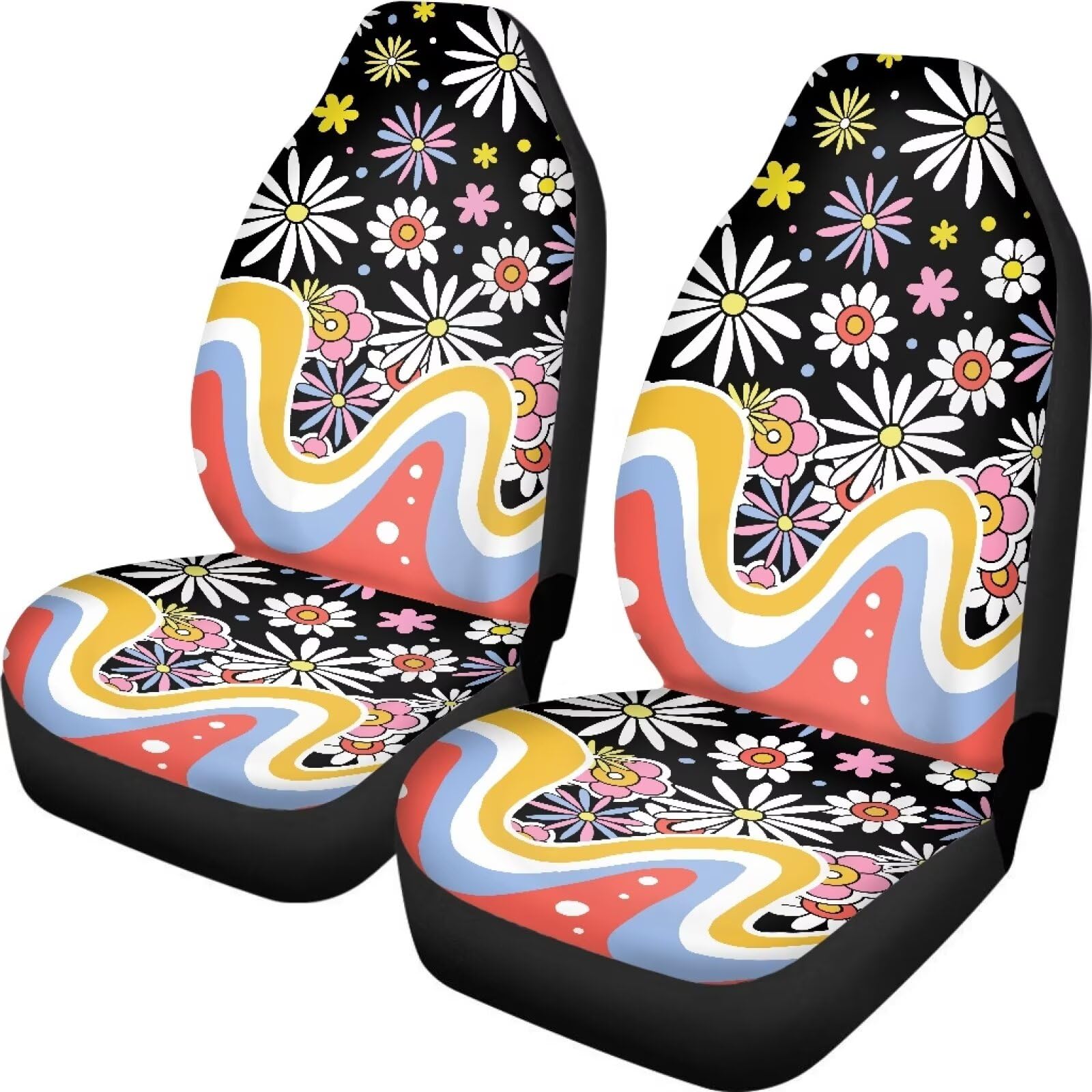 Guevoxuh Groovy Hippie Flower Pattern Seat Cover for Car Auto Seat Covers 2 Pack Bucket Seat Cover Interior Accessories Polyester Fabric Universal Fit Car Sedan Van Truck