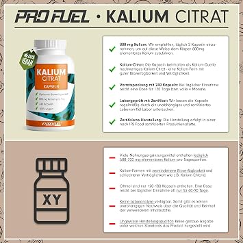 Potassium Capsules 240x – Optimal High Dose: 2240 mg Potassium Citrate per day of which 800 mg Elementary Potassium (Potassium) – High Bioavailability – Laboratory Tested with Certificate – Supply for 120 Days