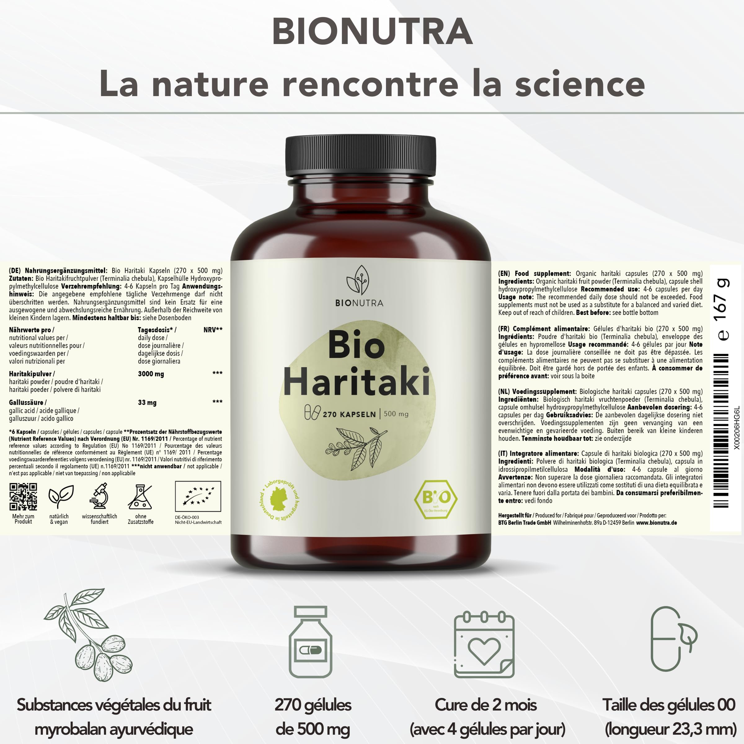BIONUTRA® Gélules de Haritaki bio hautement dosées 3000 mg/jour, contrôlées résidus, fabrication allemande, véganes, sans lactose, gluten ni additifs, bio Haritaki poudre, 270 pièces x 500 mg