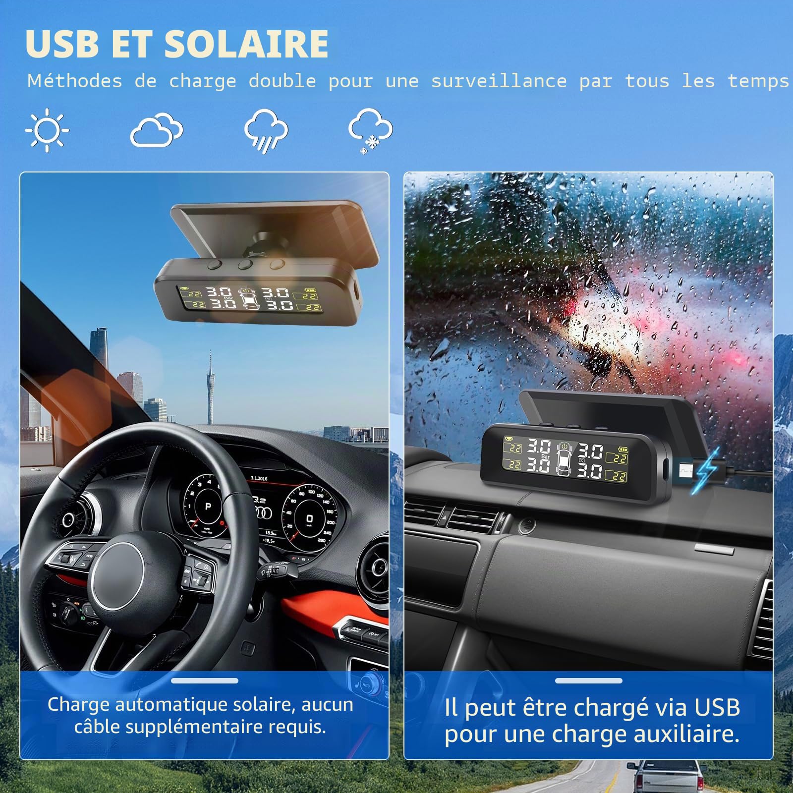 Geloo TPMS Système de contrôle de Pression des pneus Solaire Universel 5 Modes d'alarme de Pression des pneus avec capteur de Pression des pneus Externe 22-87 psi/5bar pour Camper Voiture, SUV