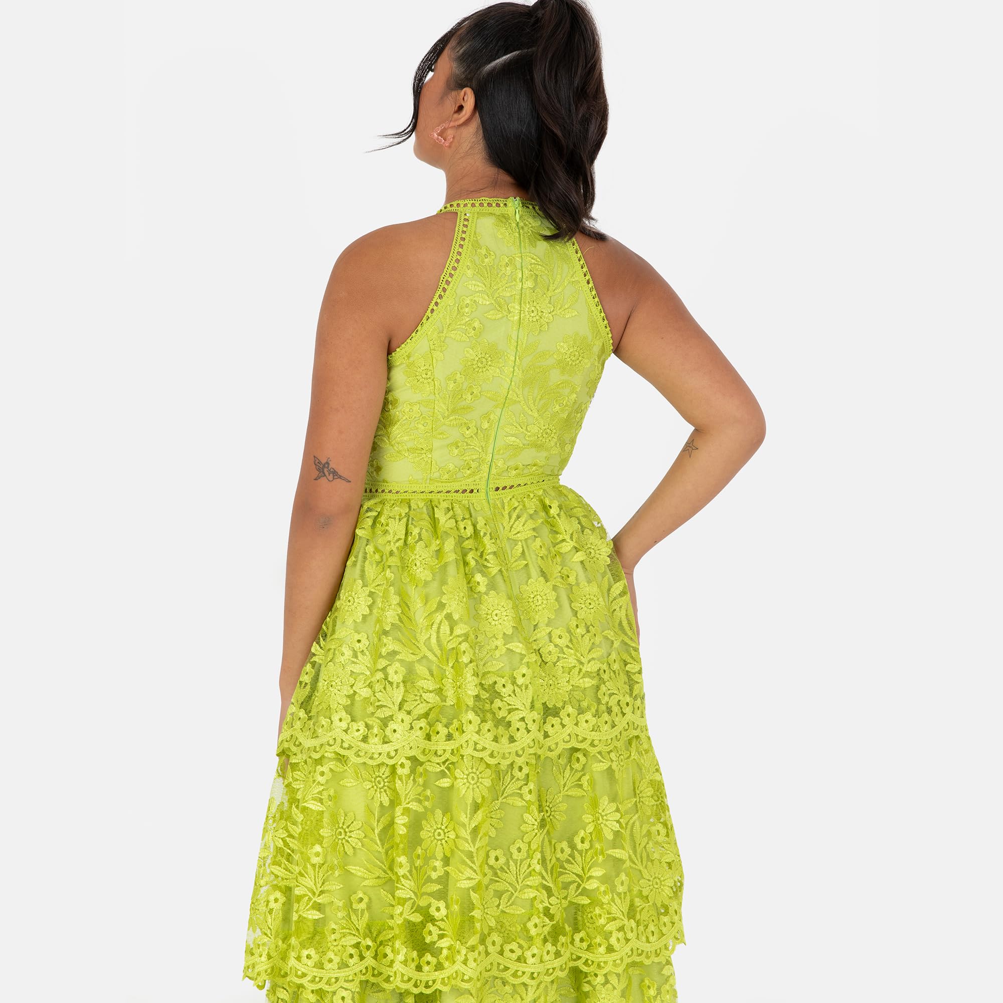 Women's Ladies Midi Dress Halterneck Sleeveless Tiered Skirt Floral Lace A-line for Wedding Guest Evening Occasion Prom