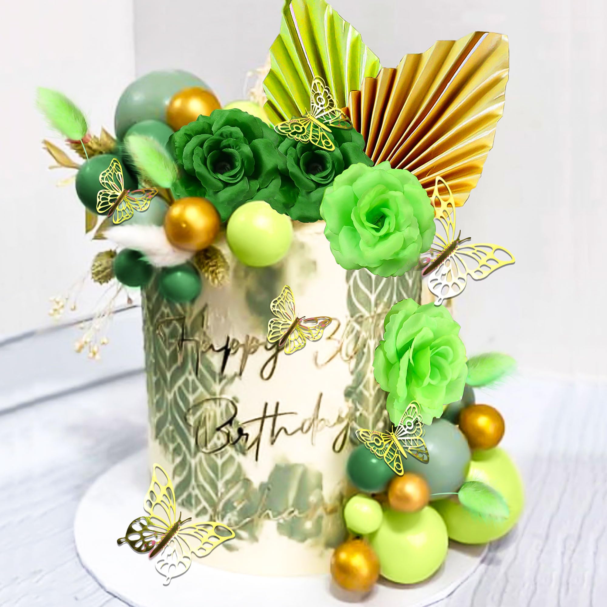 Decorazioni Per Torta Bohemien - Foglie Oro, Palme Verdi, Farfalle, Palline, Set Completo Per Tema Boho - Foto 4