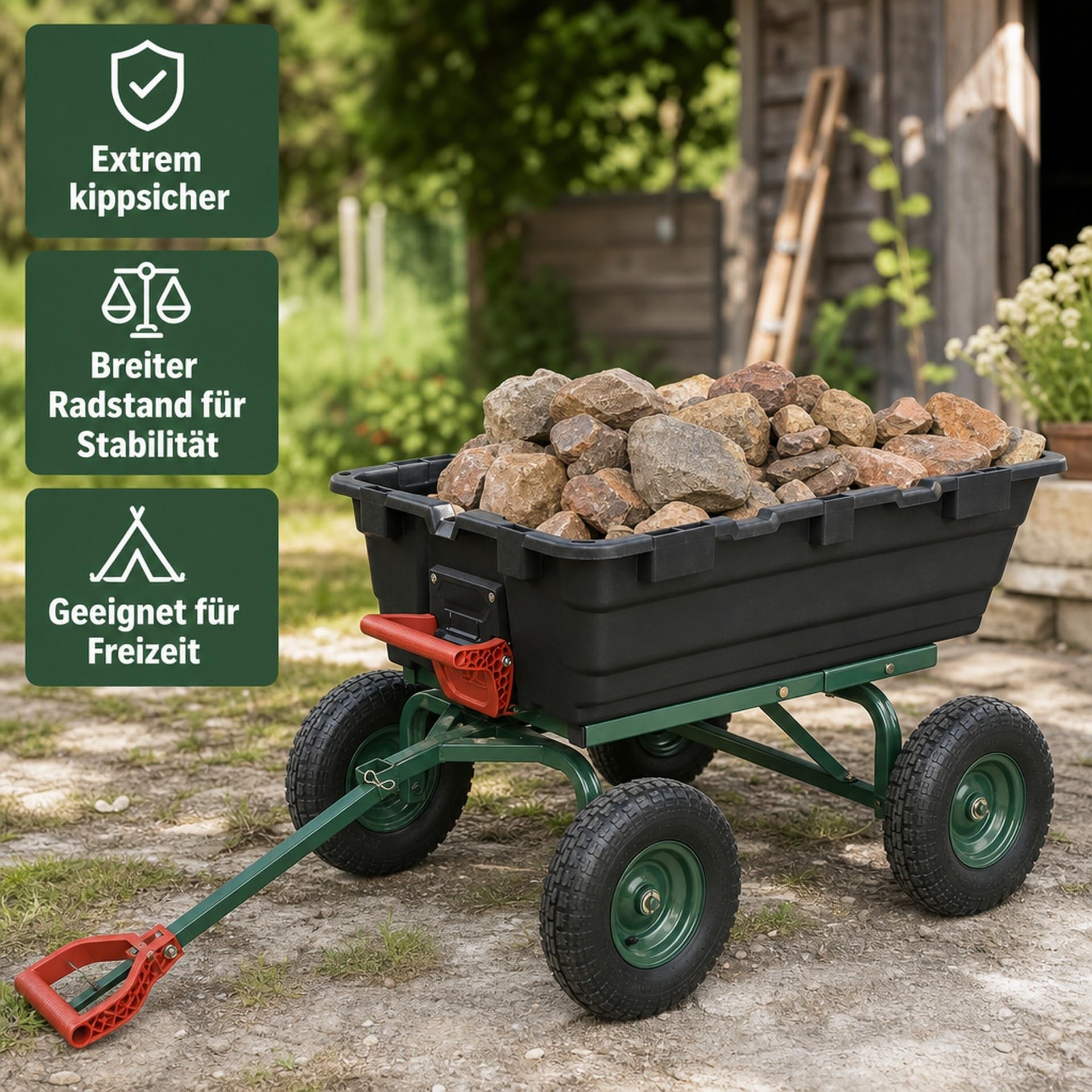 Garten Transportwagen GMGW350 350 kg Tragkraft kippbar breiter Radstand luftbereifte Räder Einhand-Kippfunktion Maße 101x70x52 cm ideal Garten Landwirtschaft