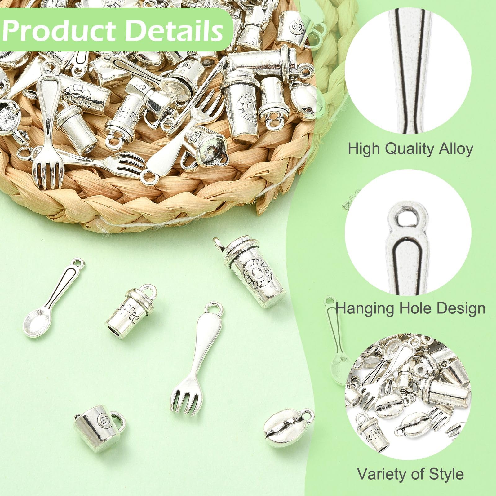 Stiesy 70Pcs Antique Silver Coffee Cup Charms Coffee Bean Tibetan Pendants Vintage Spoon Fork Charm Bulk for Jewellery Bracelet Making DIY Craft - Image 3
