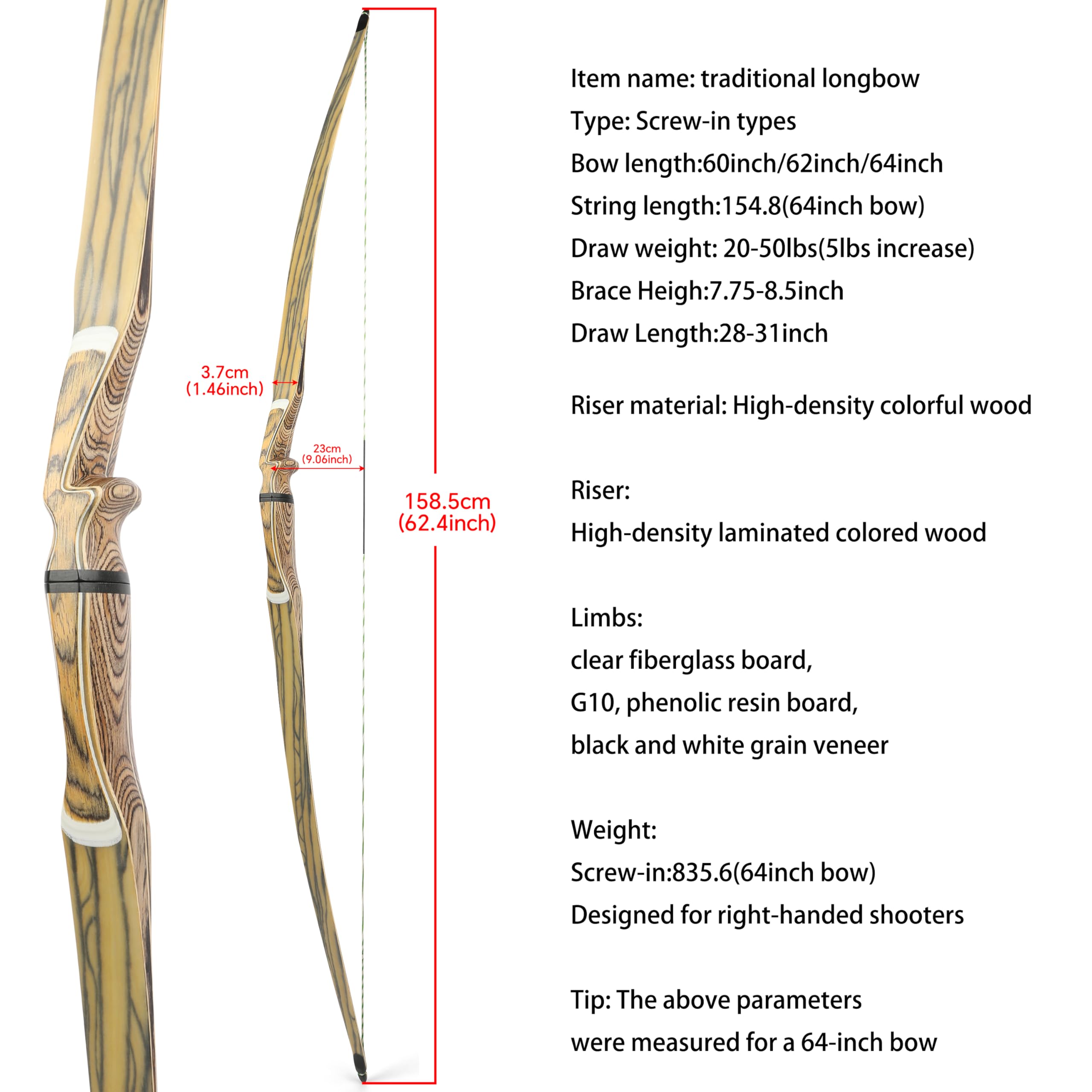 60/62/64 Zoll Takedown-Longbow, 20-50 Lbs, traditioneller Holz-Dreieckbogen, rechte Hand, für Jagd, Zielschießen und Training‌
