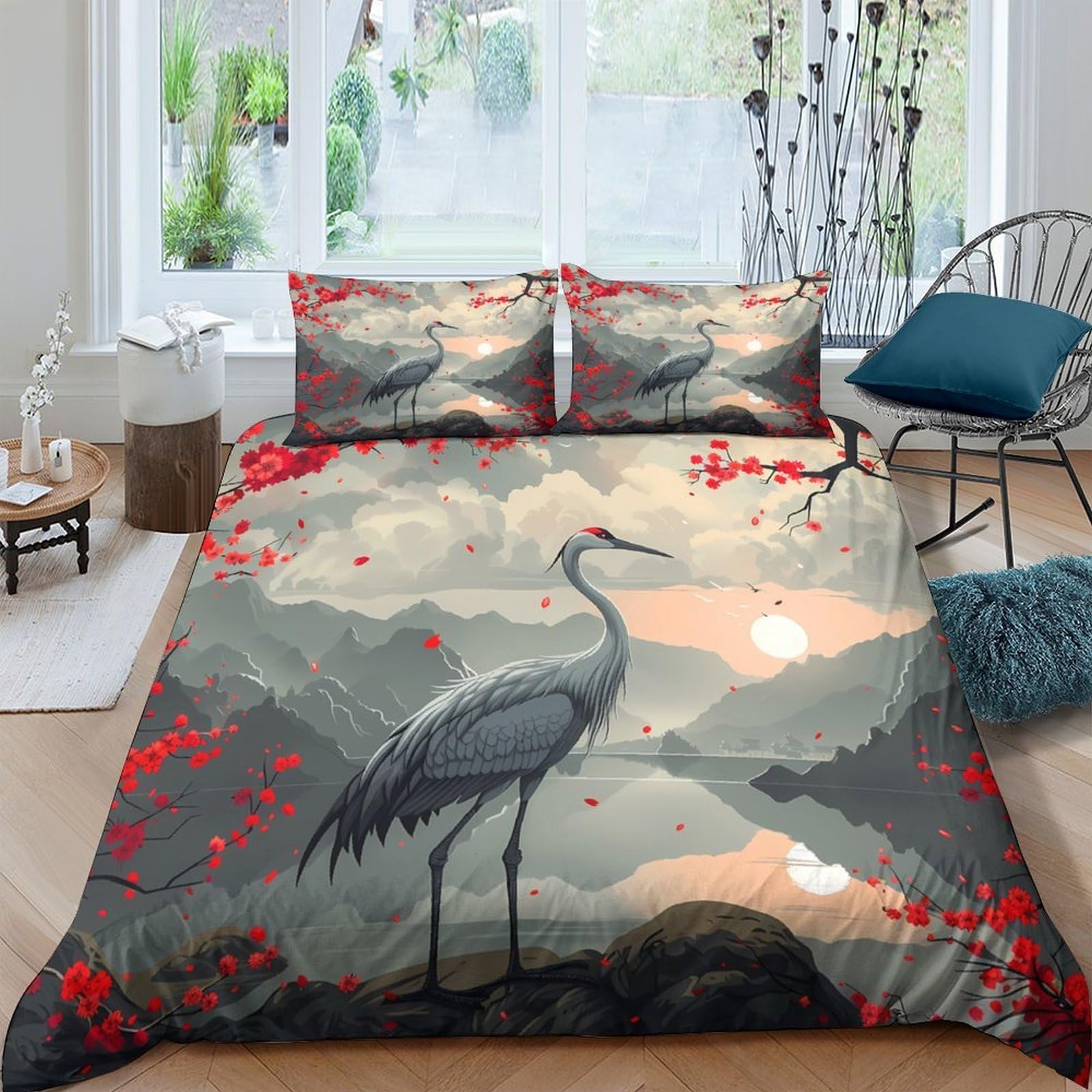 Ctjqhvkz Style-6 3D Printed Japanese Crane Fitted Sheet Microfiber Soft Grey Mountain Sunset Bed Cover For Bedroom Dorm Mattress Decor Single（135X200cm）