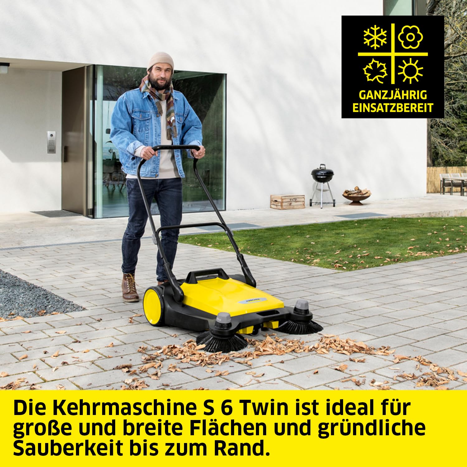 KÄRCHER Kehrmaschine S 6 Twin (Max. Flächenleistung: 2500 m²/h, 2 Seitenbesen, Kehrbehälter: 38 l, Arbeitsbreite: 860 mm, ergonomisch Schubbügel, selbststehender Kehrbehälter)