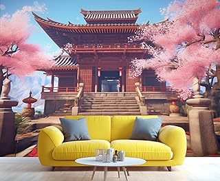 Japanese Architecture Wall Mural, Cherry Blossom Zen Shrine 3D Wallpaper...