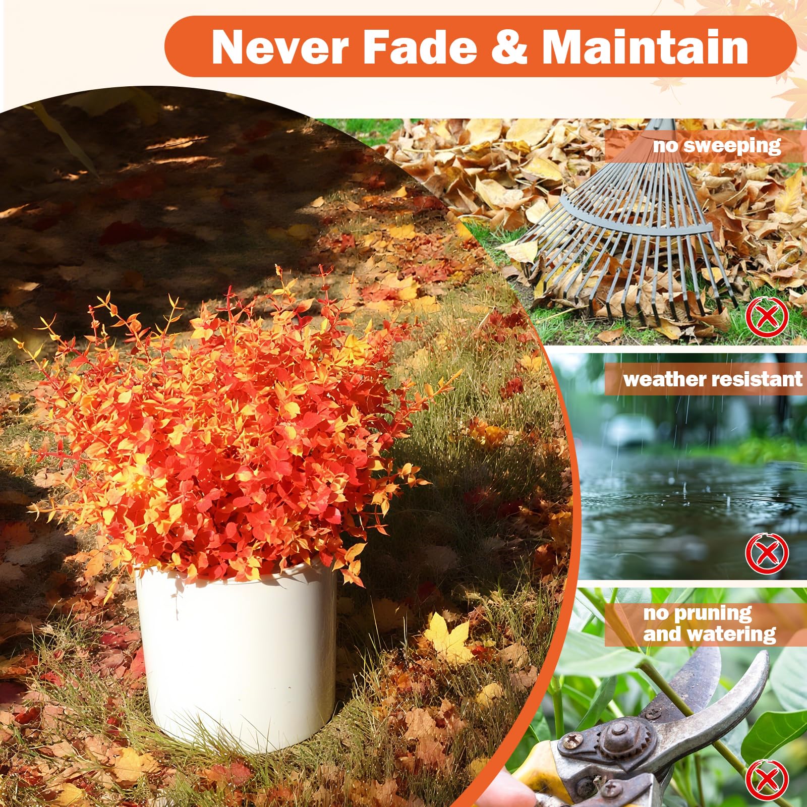 inreeme Autumn Artificial Plants Eucalyptus, 12 Pcs Outdoor Orange Autumn Fake Eucalyptus Stems Leaves - Image 3