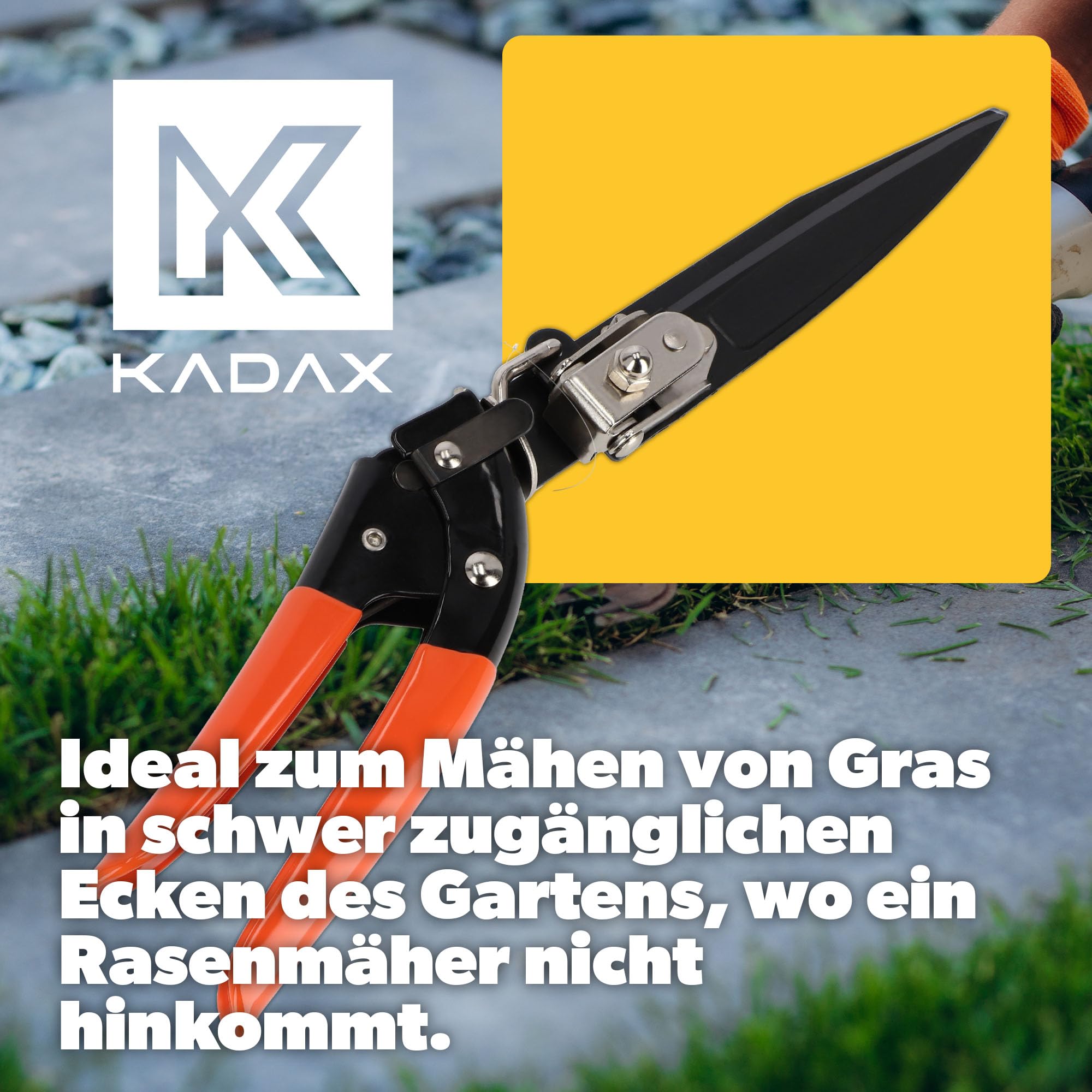 KADAX Grasschere, Rasenschere, Stahl-Klingen, Kunststoff-Griff, Länge: 33 cm, antihaftbeschichtet, drehbare Handgrasschere, hochwertige Schere, handliche Rasenkantenschere