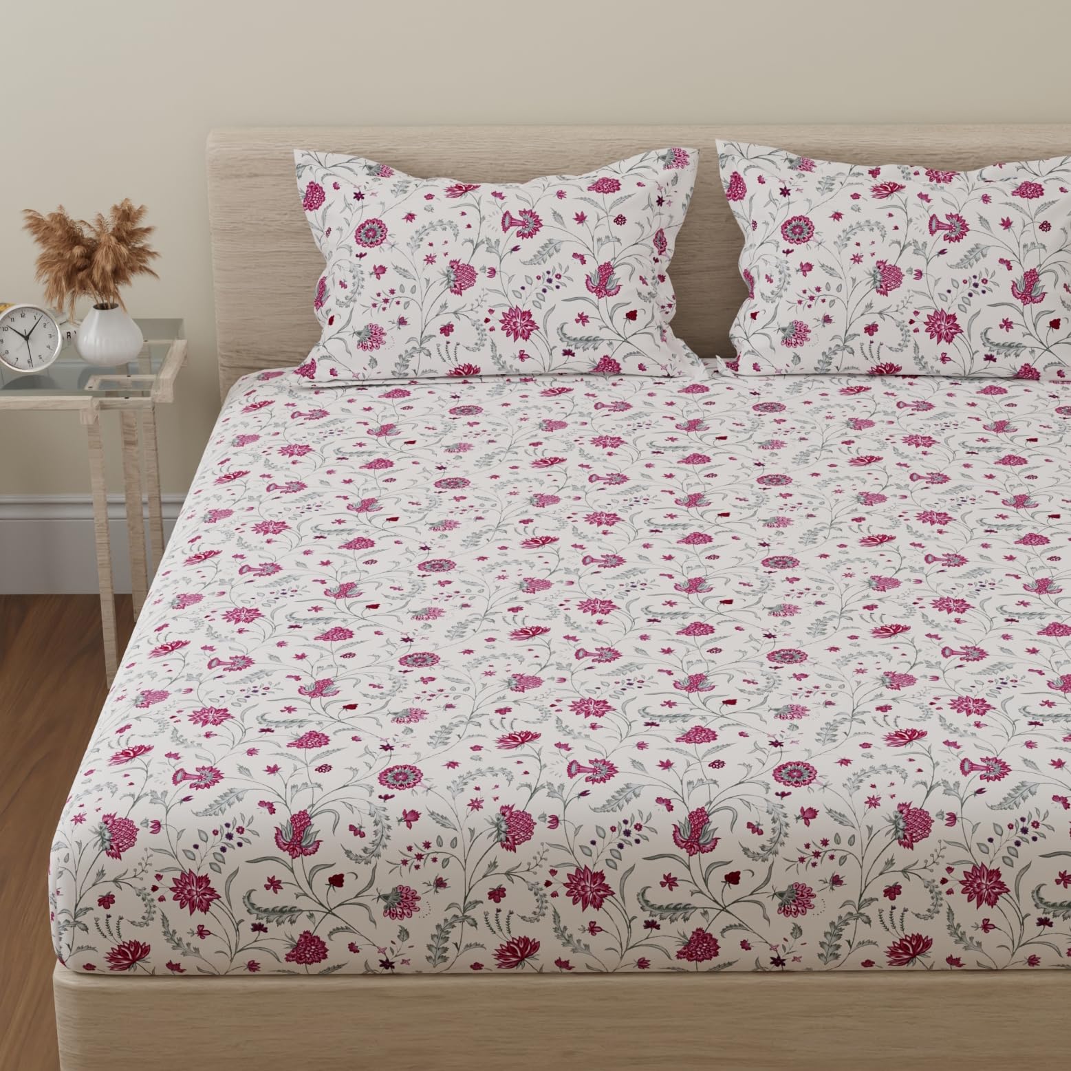 Huesland by Ahmedabad Cotton 144 TC Double Bedsheet Cotton with 2 Pillow Covers | White, Pink & Green-image-22