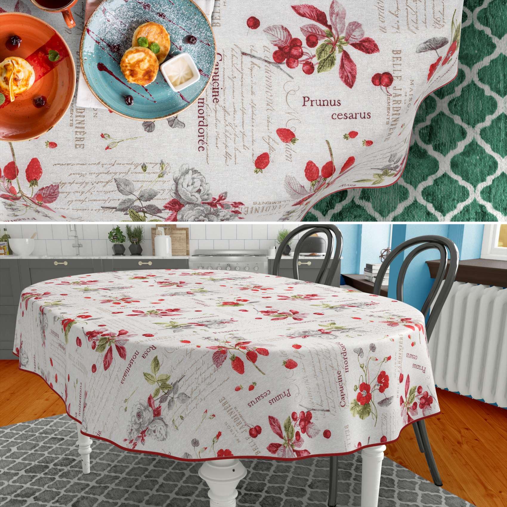 Mantel de tela textil lavable, mantel de algodón, poliéster, bayas, ovalado, 260 x 140 cm, para interior y exterior