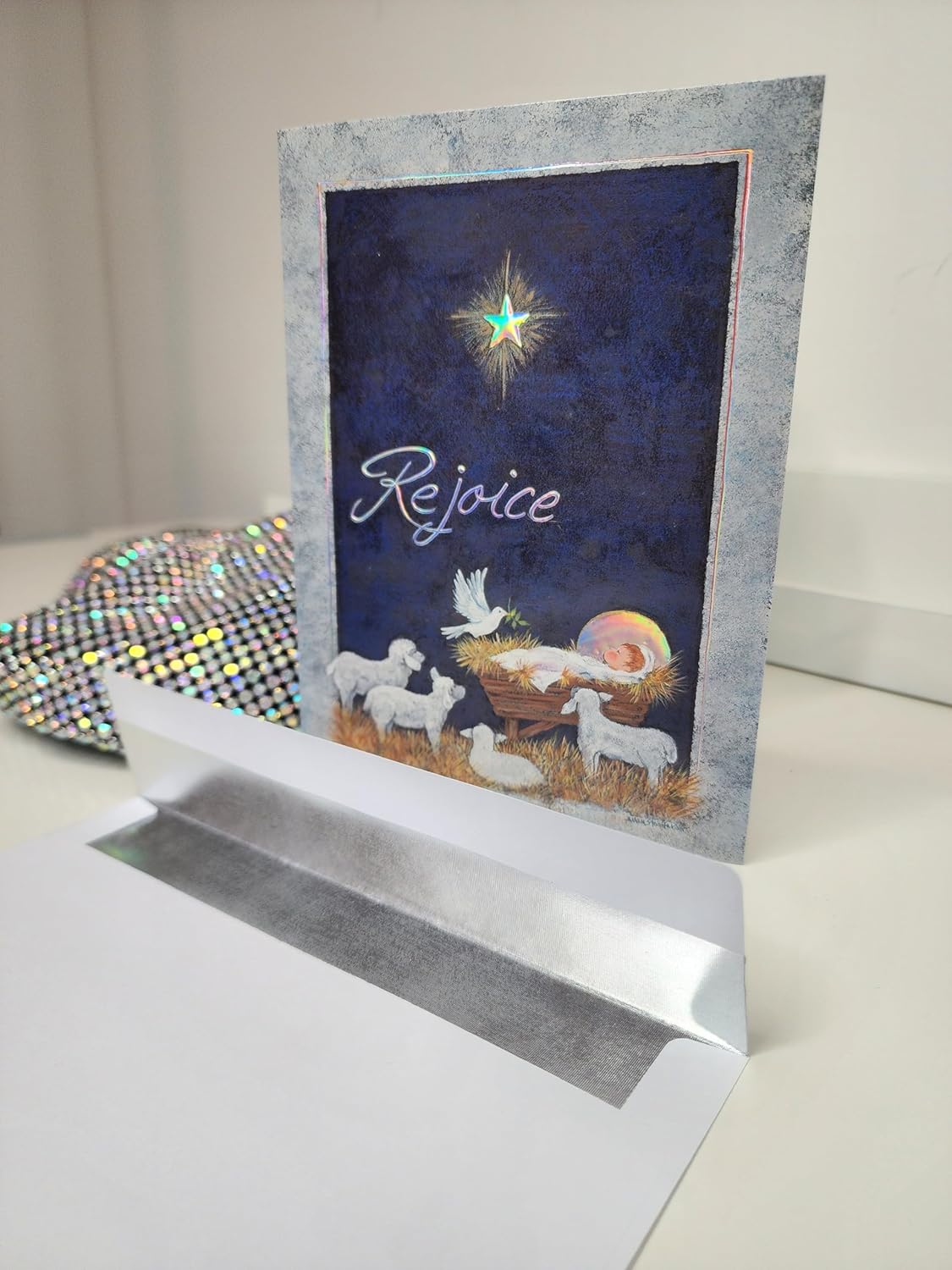 Performing Arts Catholic Christmas Cards Boxed With Envelopes - Pack of 16 Vintage Religious Holiday Cards With Envelopes - Silver Embossed Foil & Rejoice with joy, it's Christmas - Made In USA