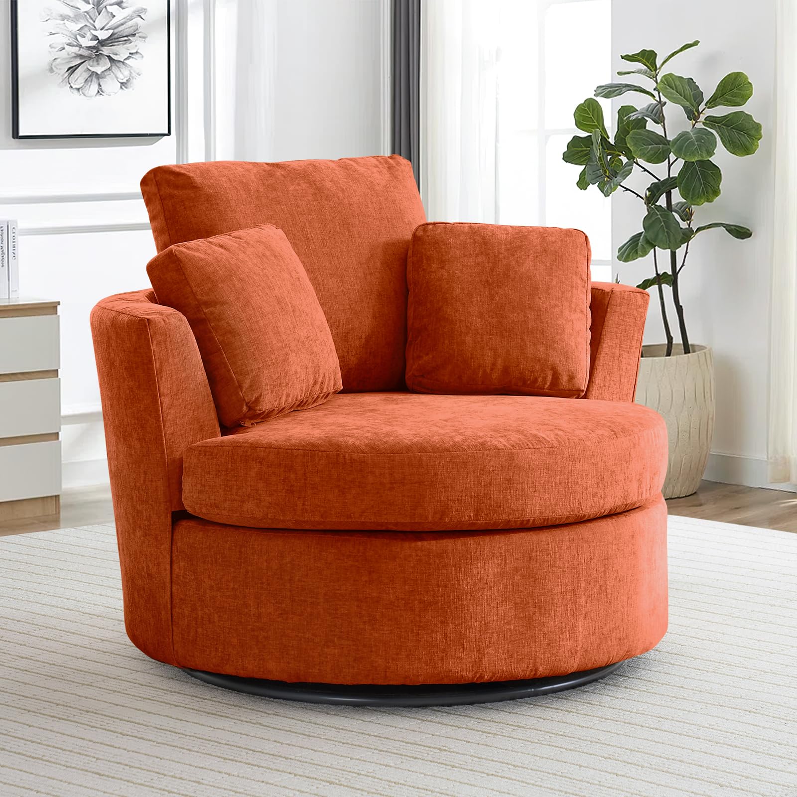 42" W Modern Orange Swivel Barrel Chair with 360° Round Metal Base & Soft Chenille Pillows & Thick Cushion, Comfy Oversized Chaise Longue Indoor