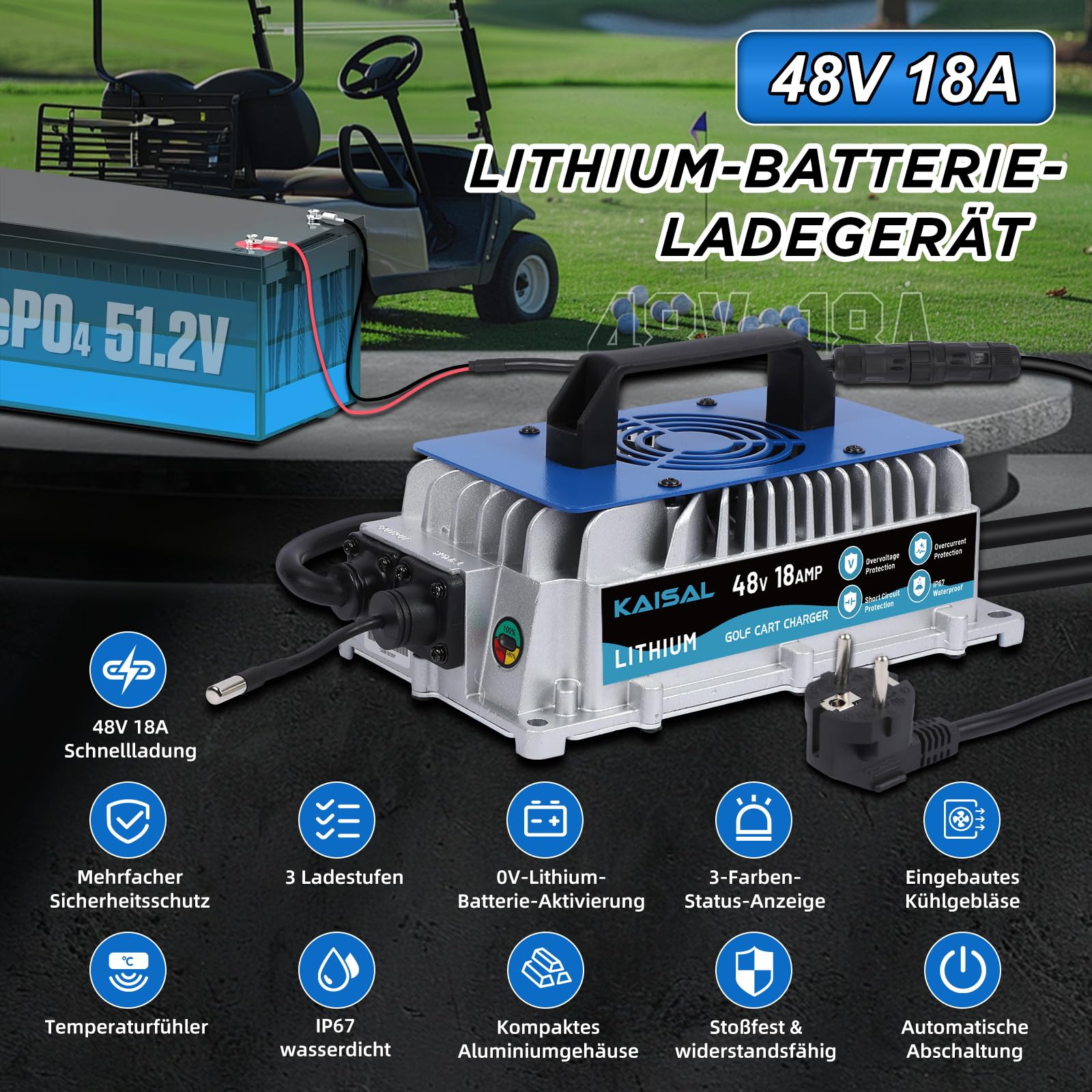 KAISAL 58.4V 18A LiFePO4 Ladegerät, LiFePO4 Batterieladegerät für 48V(51.2V) Lithium Eisenphosphat, Lithium Batterie Ladegerät IP67 Wasserdicht 48V Ladegerät für Wohnmobile, Boot, Solar, Golfwagen