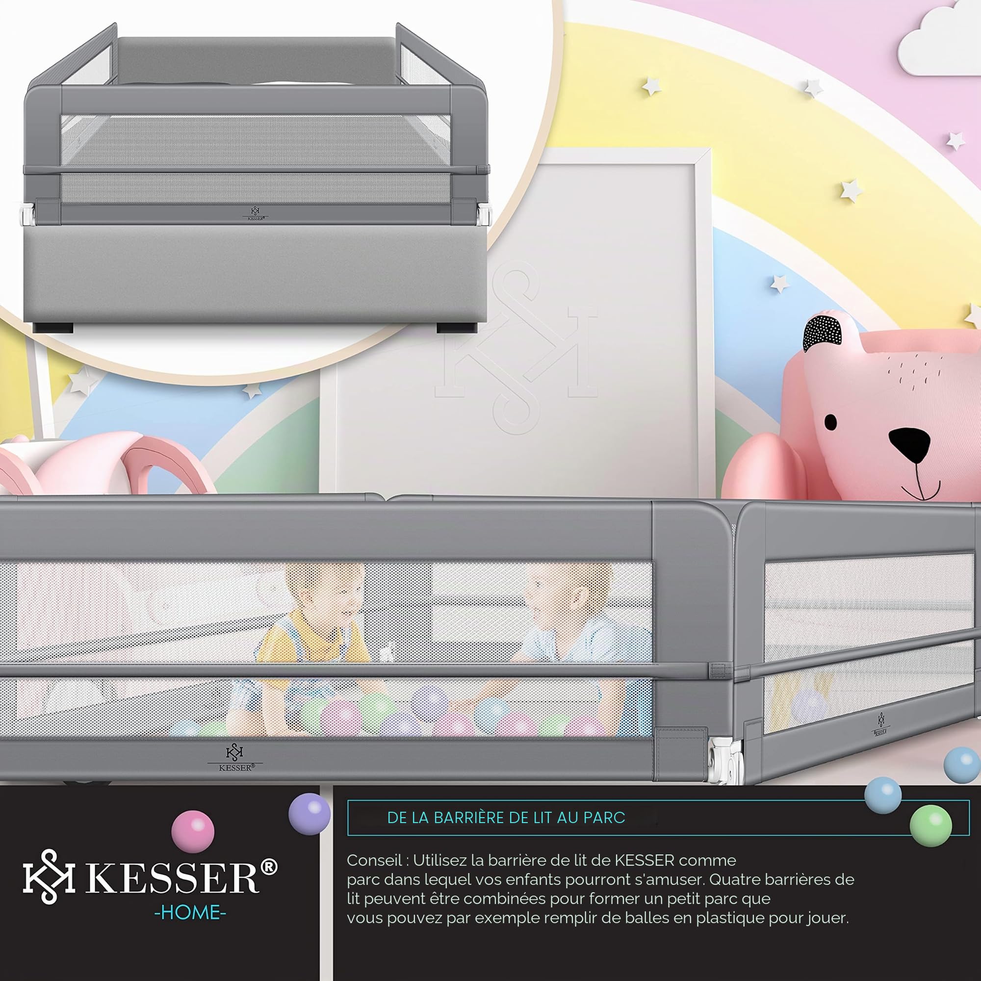 KESSER® Barrière de lit 150cm Barrière de lit pour Enfants Barrière de lit pour Bébé Pliable, Portable, Barrière de lit pour Enfants Protection Antichute, Gris Clair