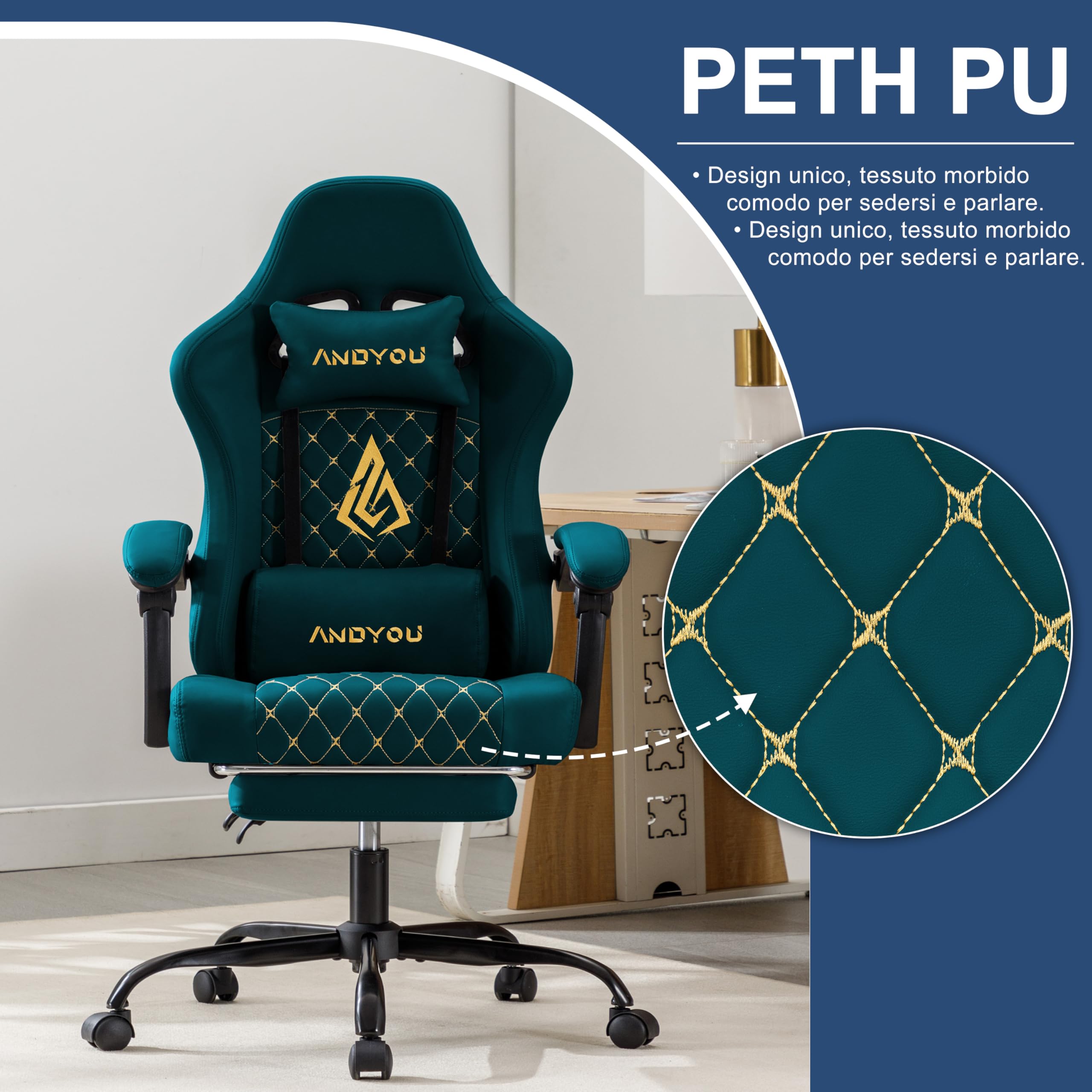 Andyou Silla Gaming Ergonómica Profesional con Soporte Lumbar - Silla Gamer para Adulto, Giratoria y Reclinable con Reposapiés Ajustable y Tela Transpirable, Soporte 150 kg para Oficina y PC