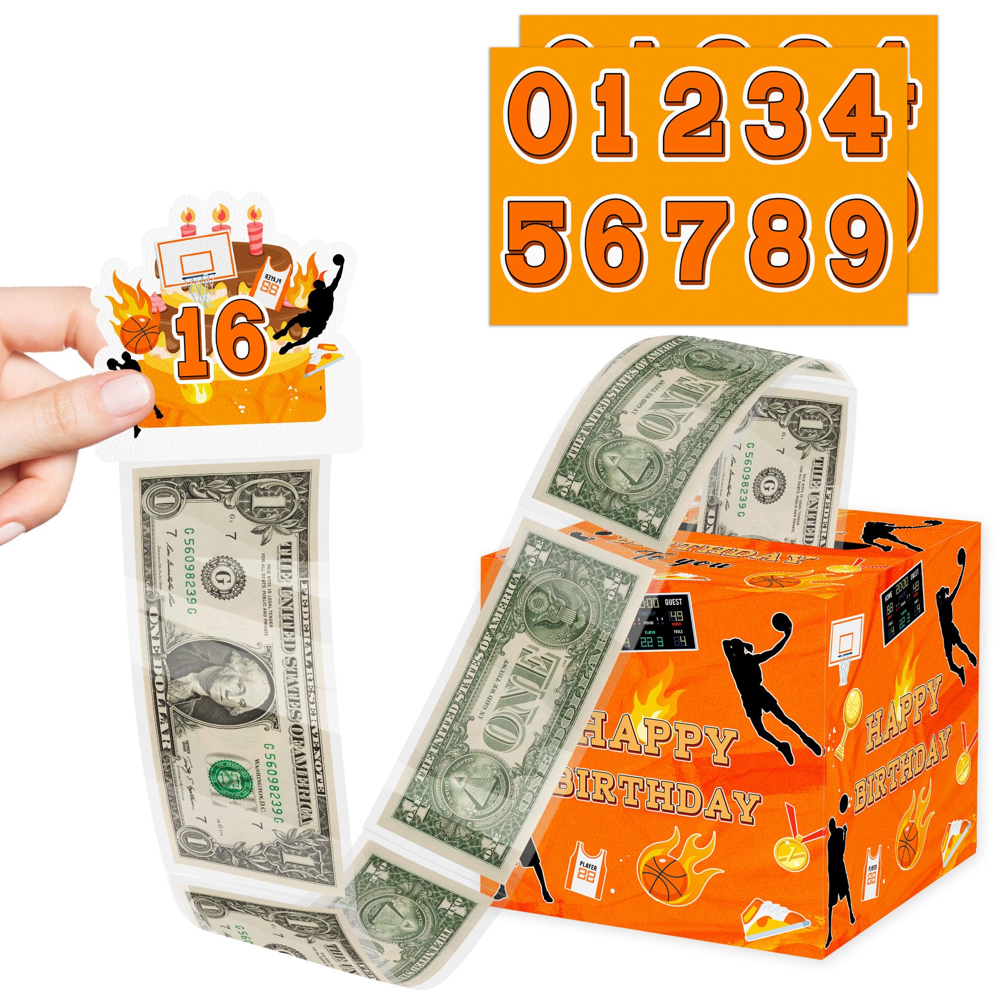 Cidobi Basketball Birthday Money Gift Box with DIY Stickers, Surprise Basketball Themed Money Box with 35 Transparent Bags